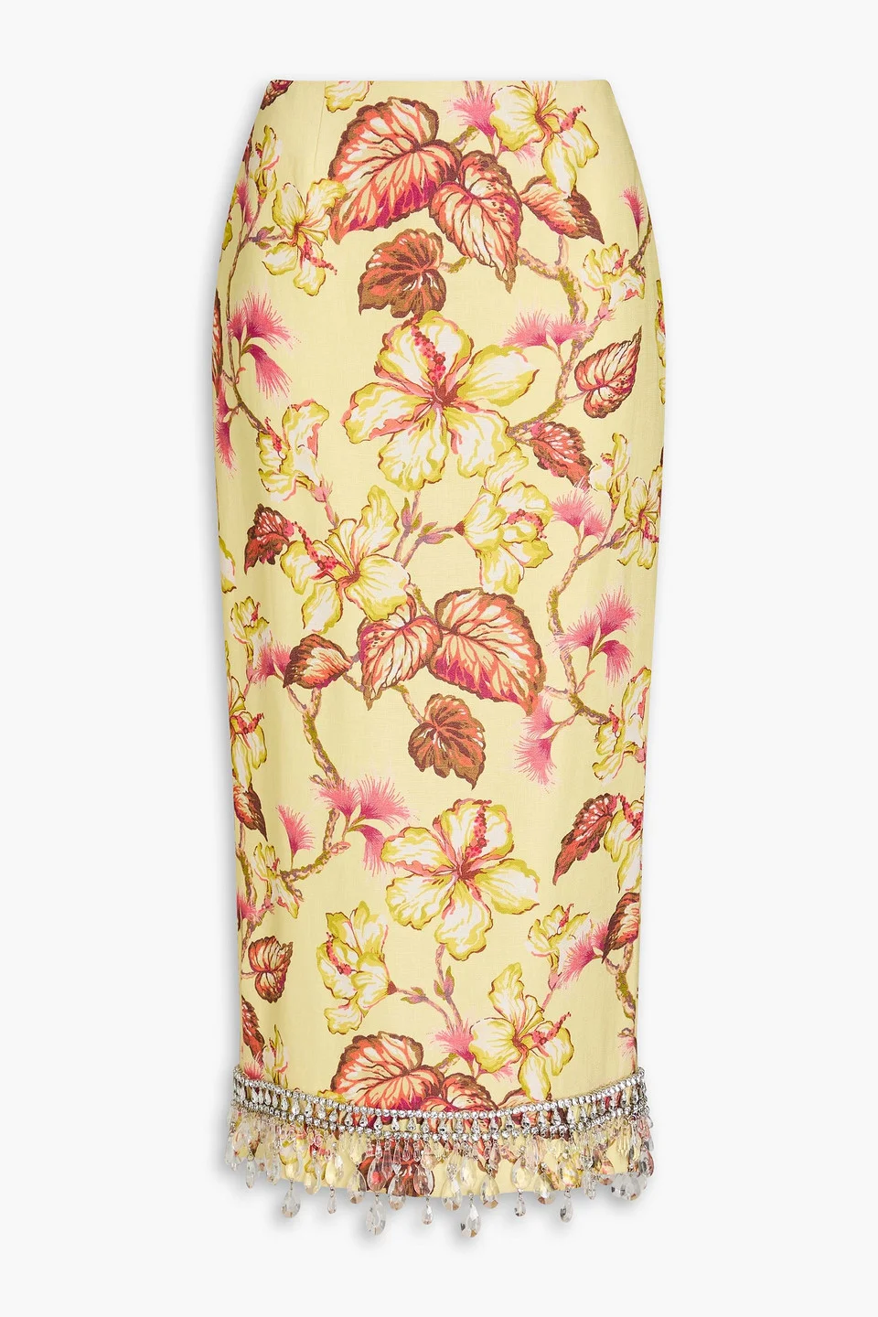 Embellished floral-print linen midi pencil skirt - 1