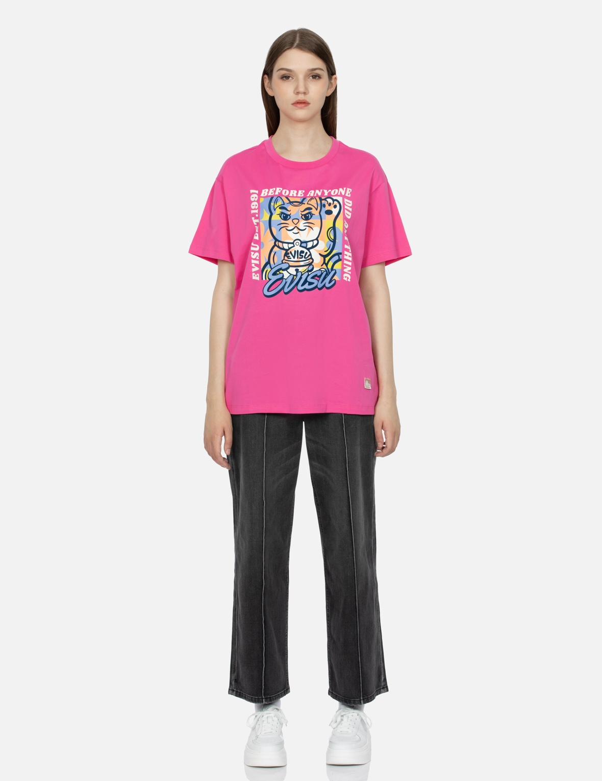 FORTUNE CAT FLOCKING WITH SLOGAN PRINT BOYFRIEND T-SHIRT - 5