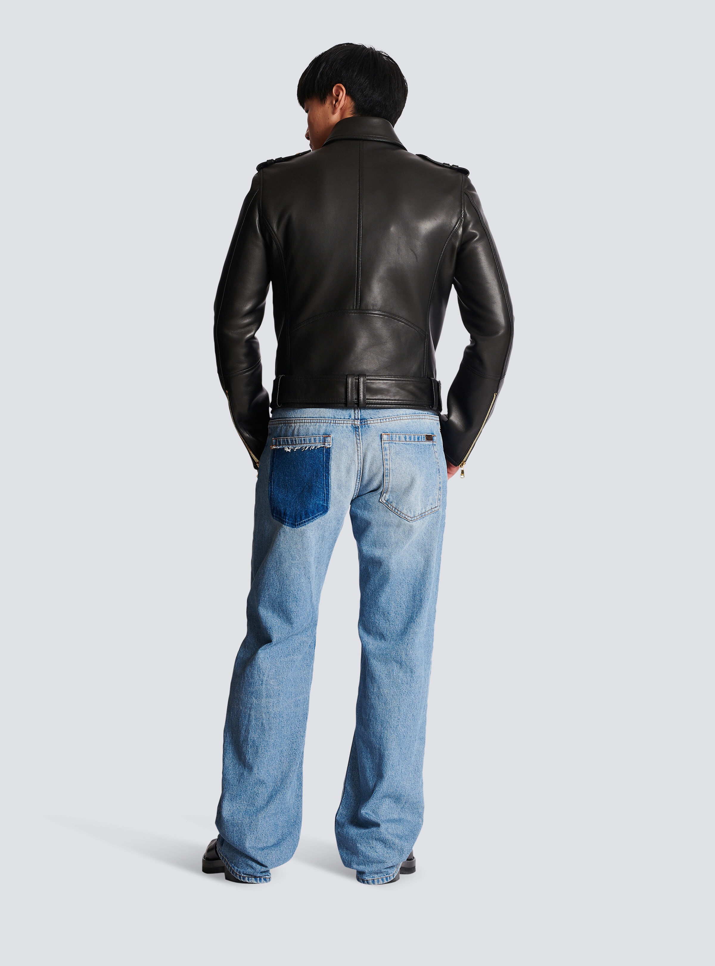 Double-breasted buttoned leather biker jacket - 4