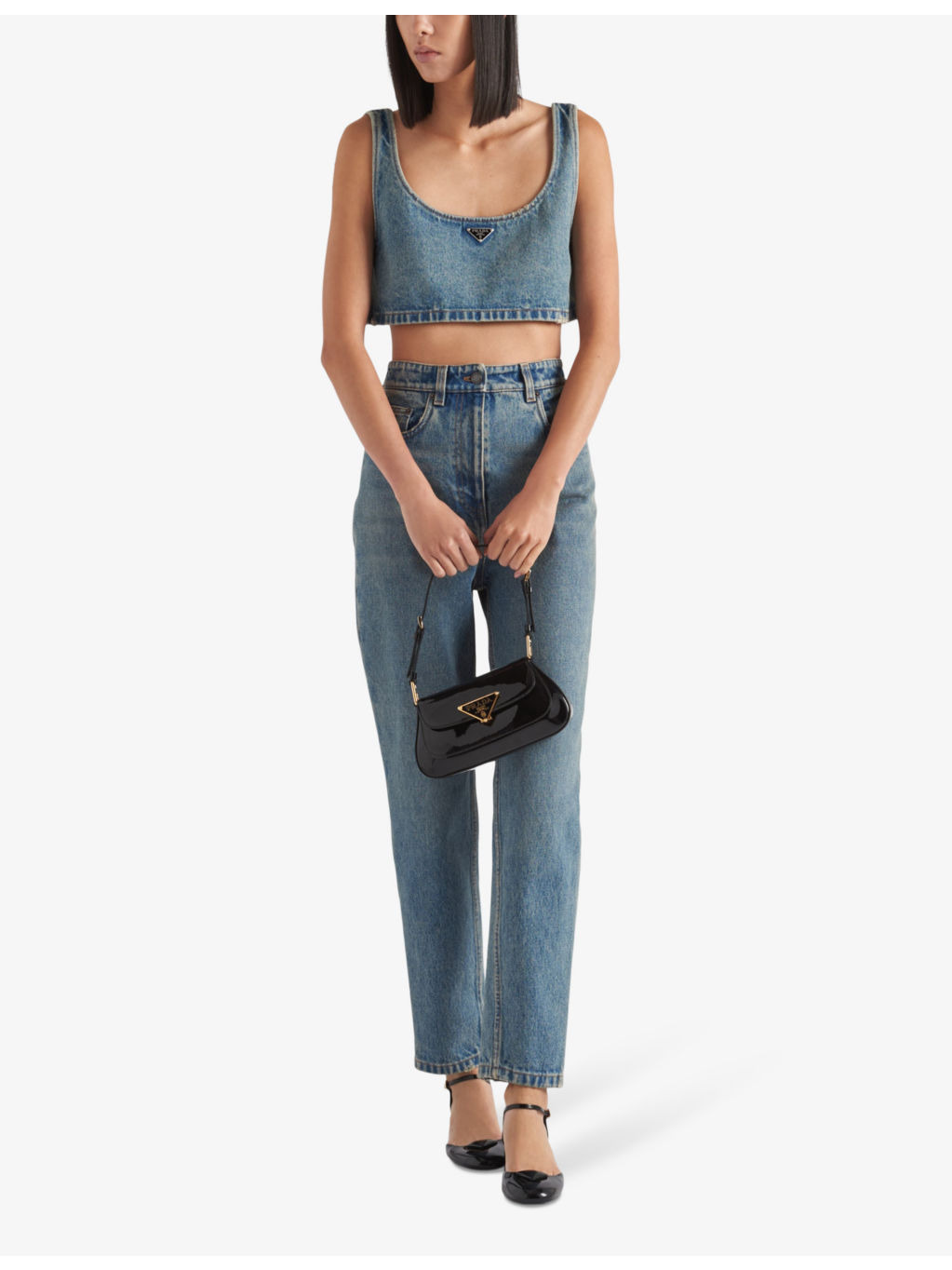 Logo-plaque denim-chambray crop top - 2