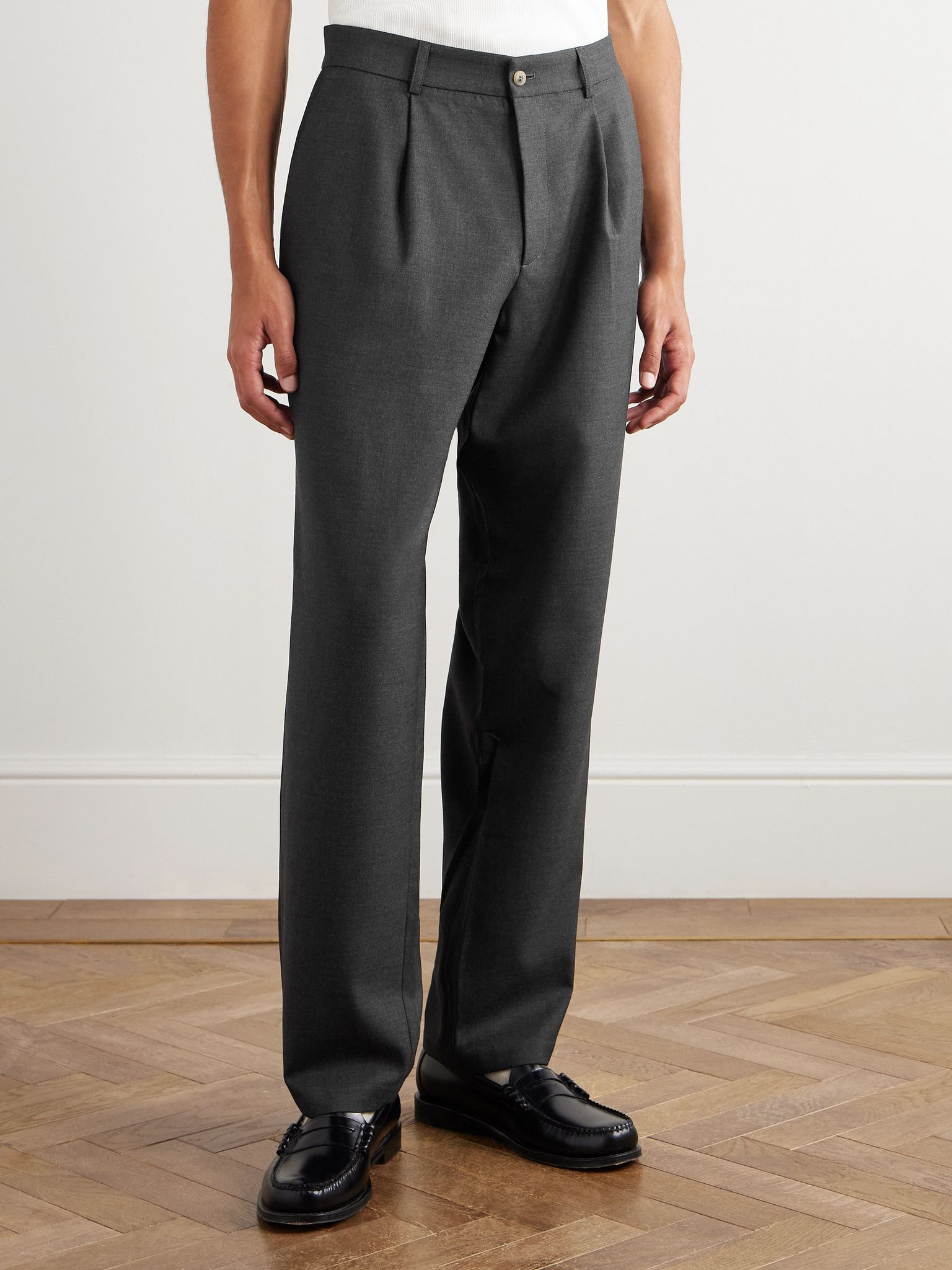 Straight-Leg Pleated Super 130s Wool Suit Trousers Gray - 3