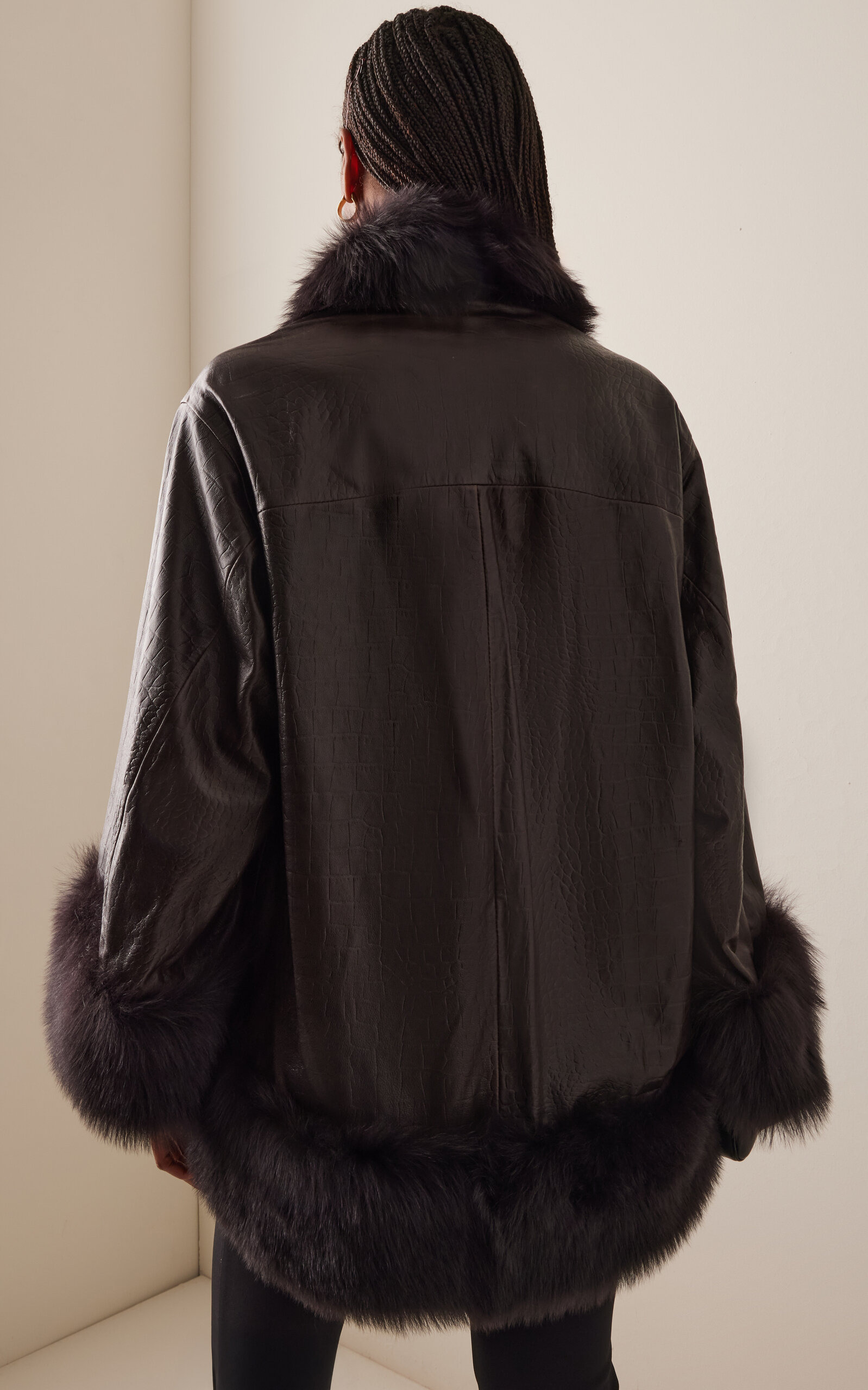 Sabine Shearling-Trimmed Croc-Effect Leather Coat brown - 4