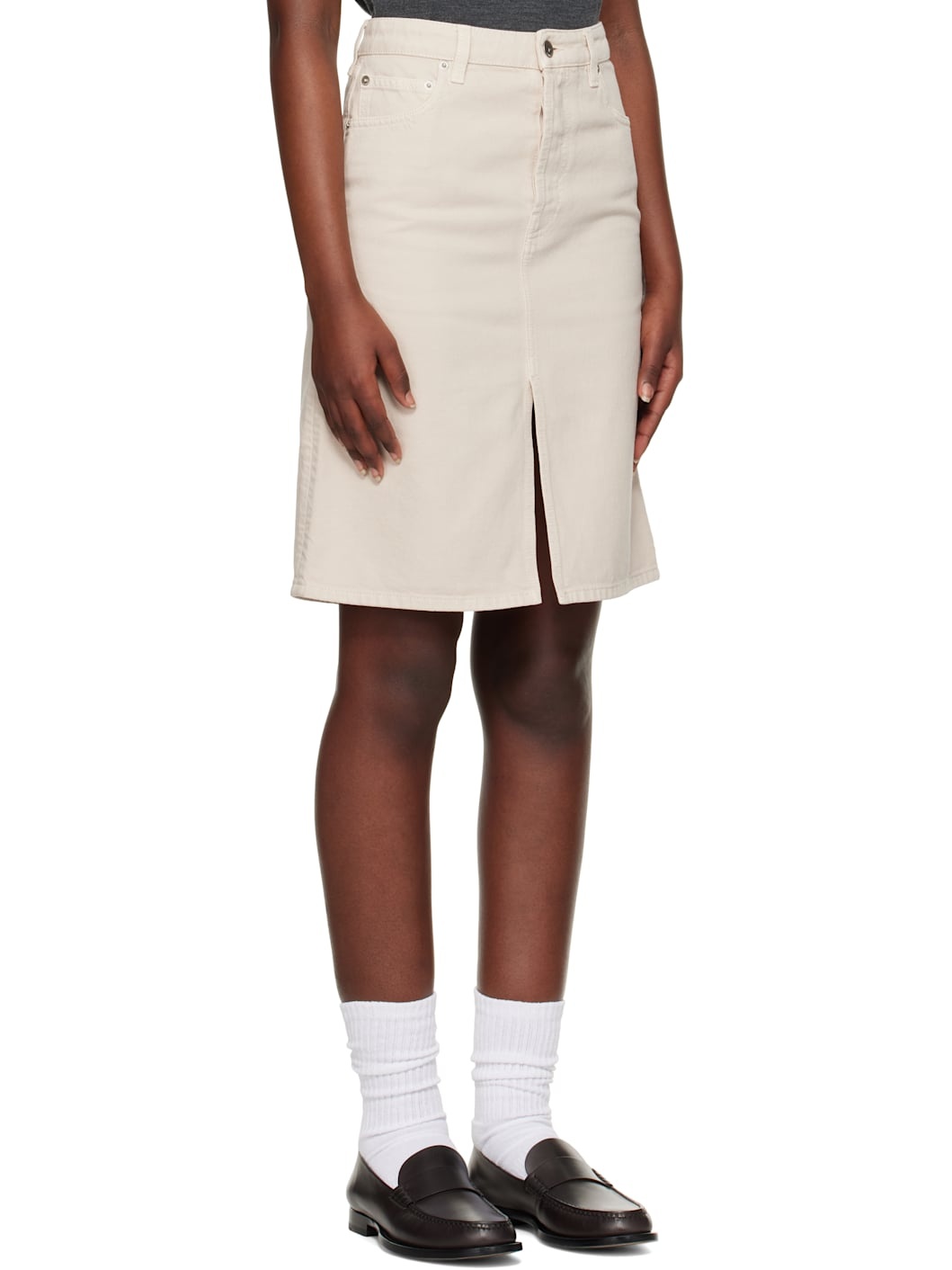Beige Vented Denim Midi Skirt - 2