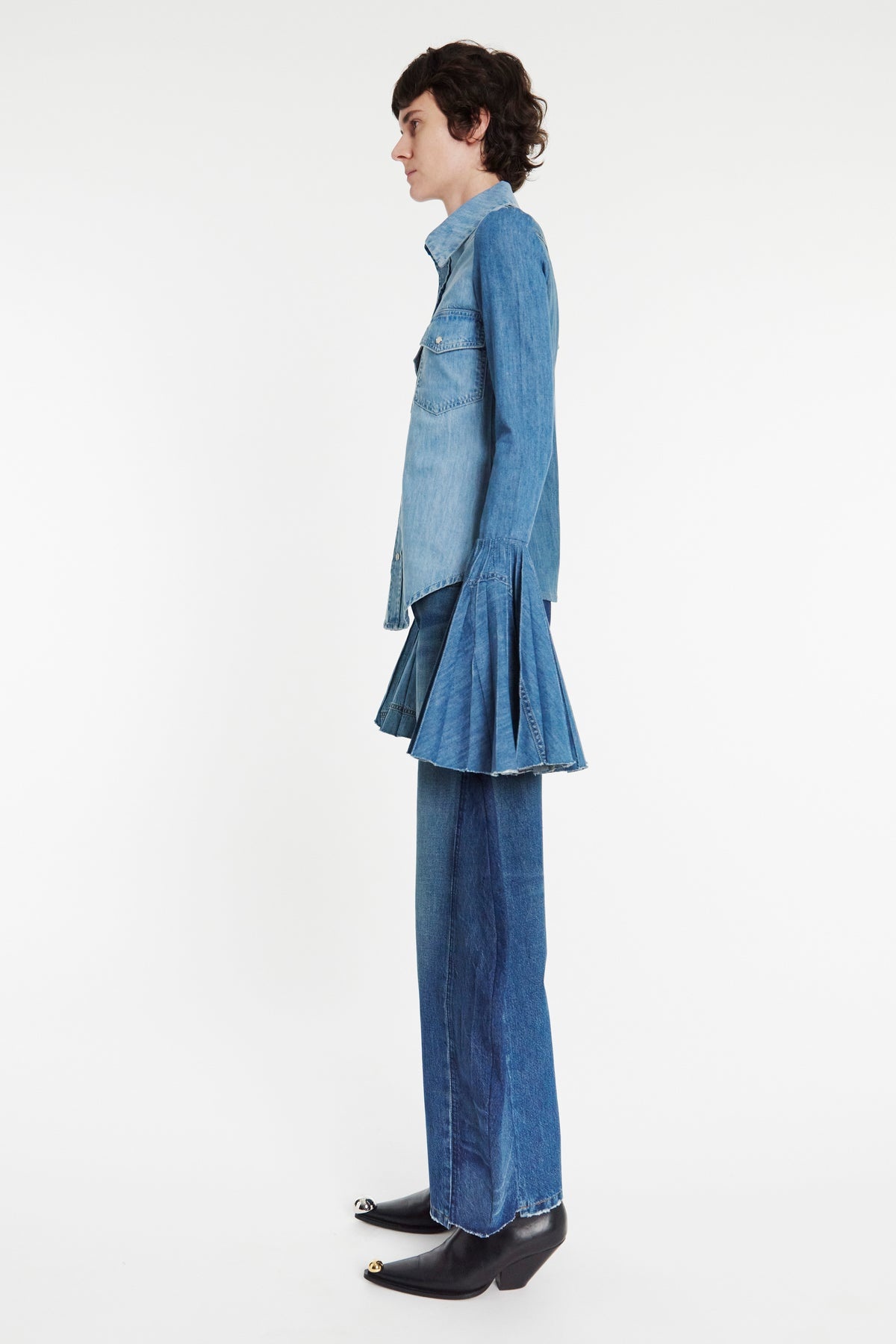 RECYCLED DENIM SHIRT WITH PLEATED BELL SLEEVES BLUE - 5