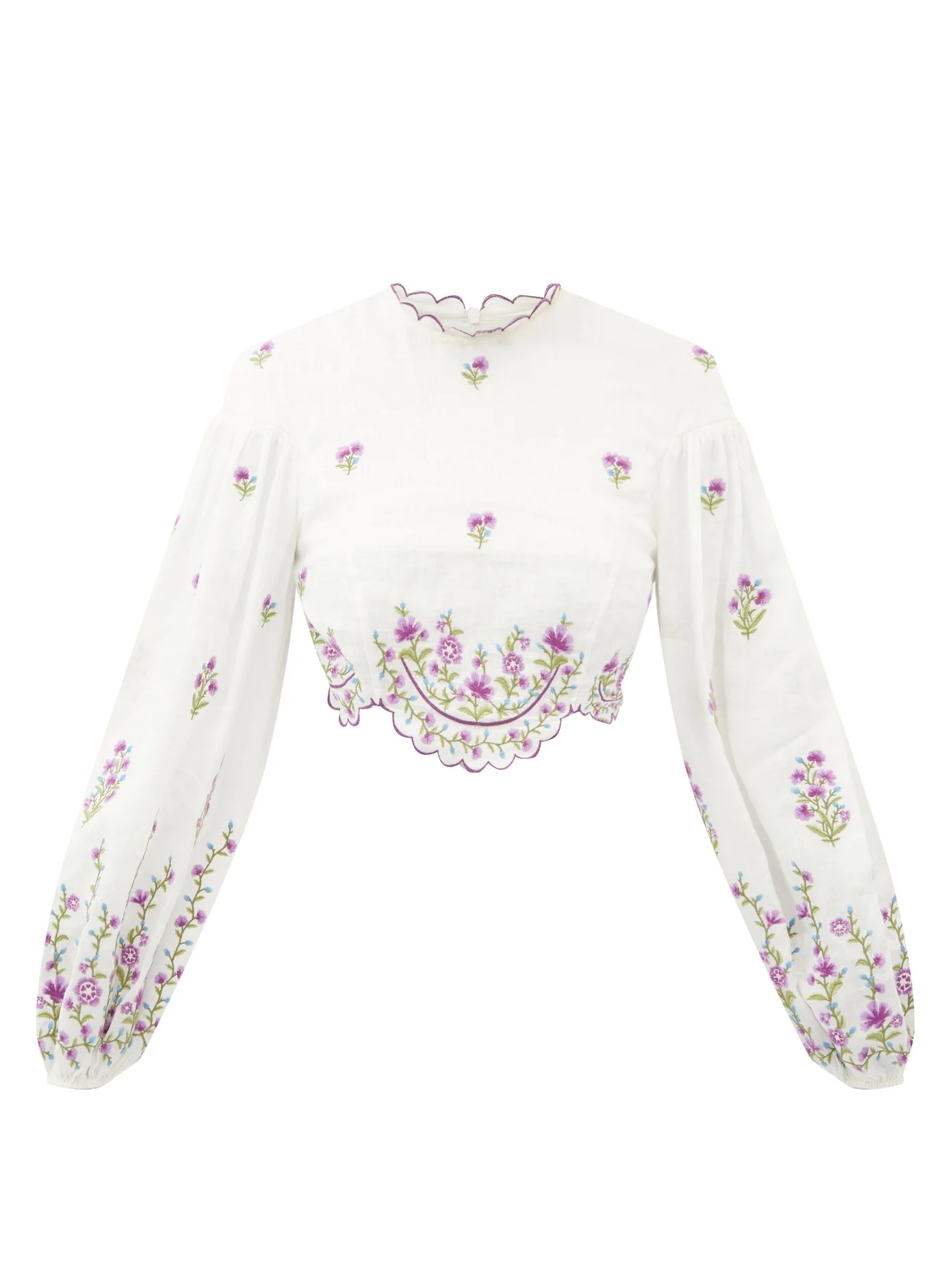 Poppy cropped floral-embroidered canvas top - 1