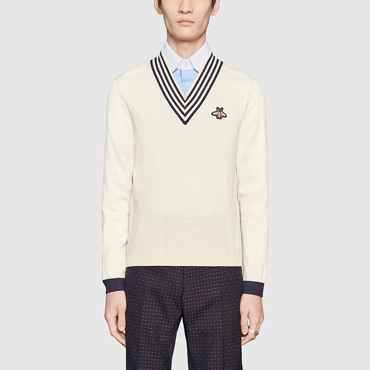 Gucci V-neck Wool Knit With Bee 'White' 496442-X9I00-9515 - 3
