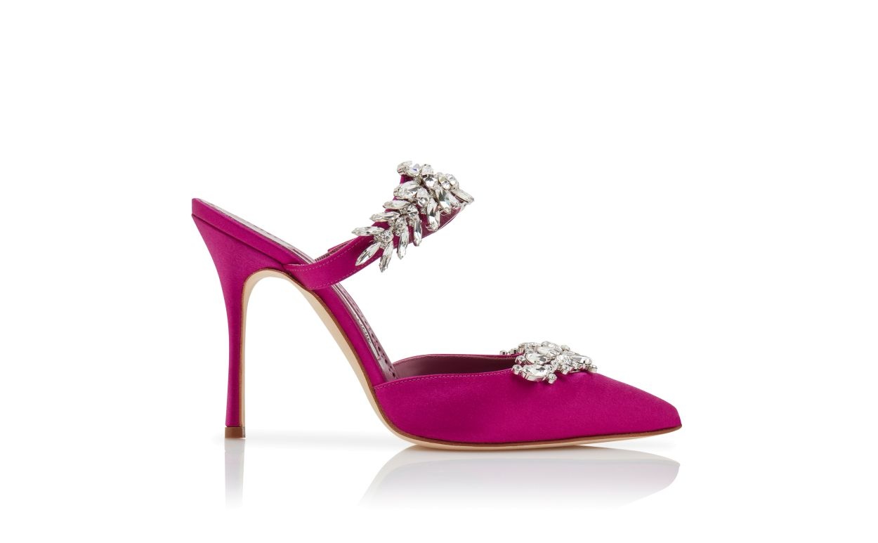 Fuchsia Satin Crystal Embellished Mules - 1