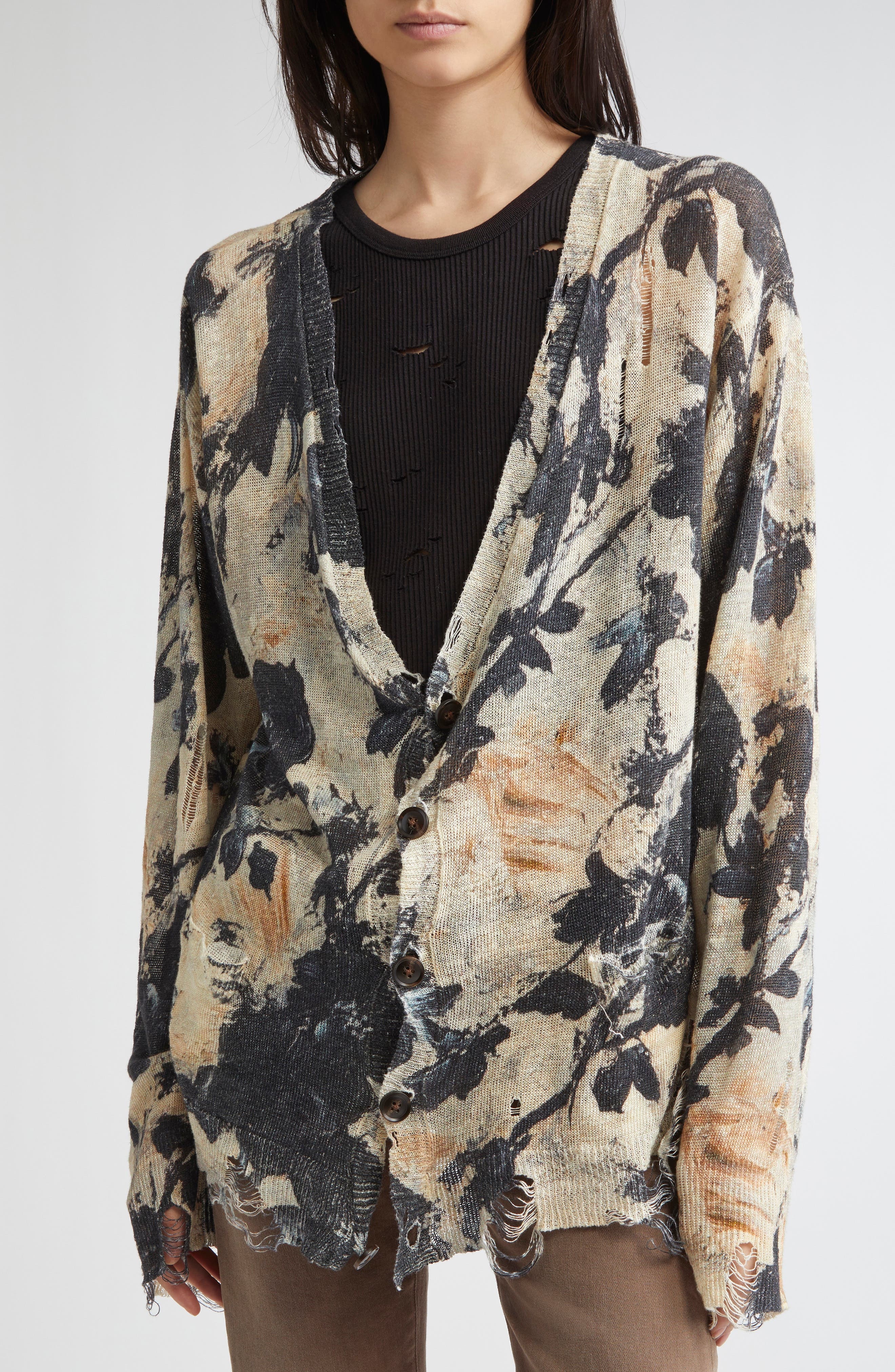 R13 Ripped Floral Linen Cardigan in Black And Cream Floral at Nordstrom - 5