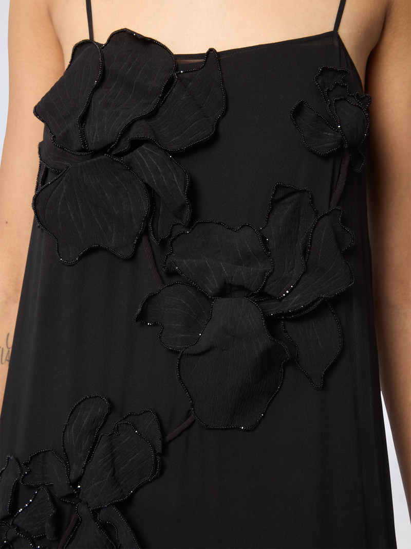 Black Long Embroidered Flowers Silk Dress 3