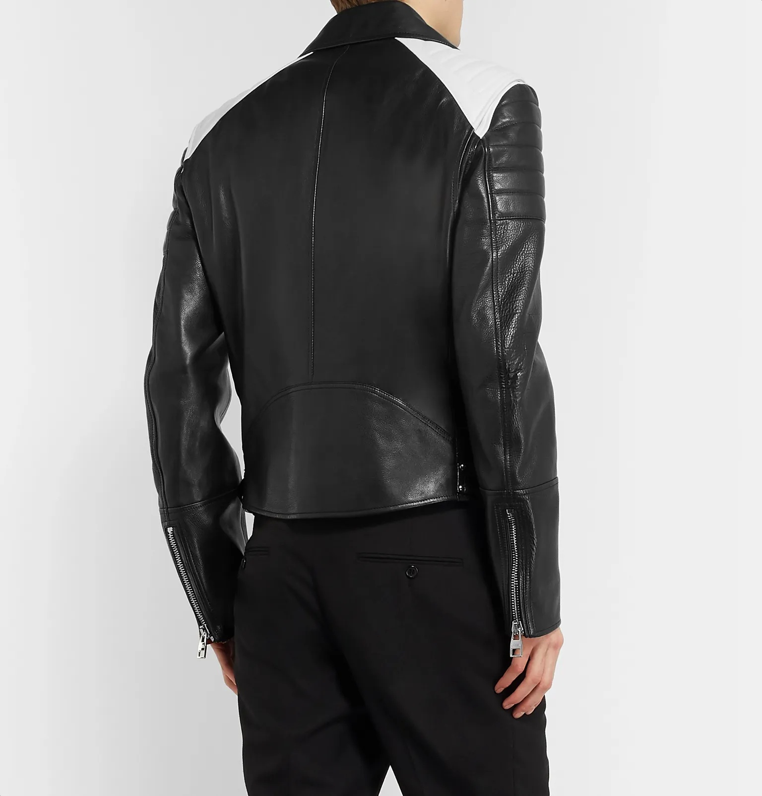 Color-Block Full-Grain Leather Biker Jacket - 5