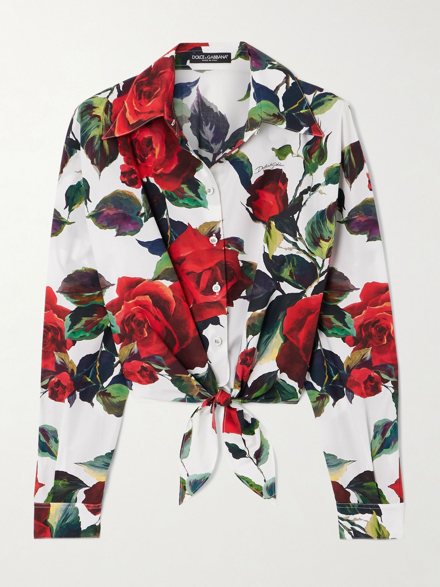 Cropped tie-detailed floral-print cotton-poplin shirt Red - 1