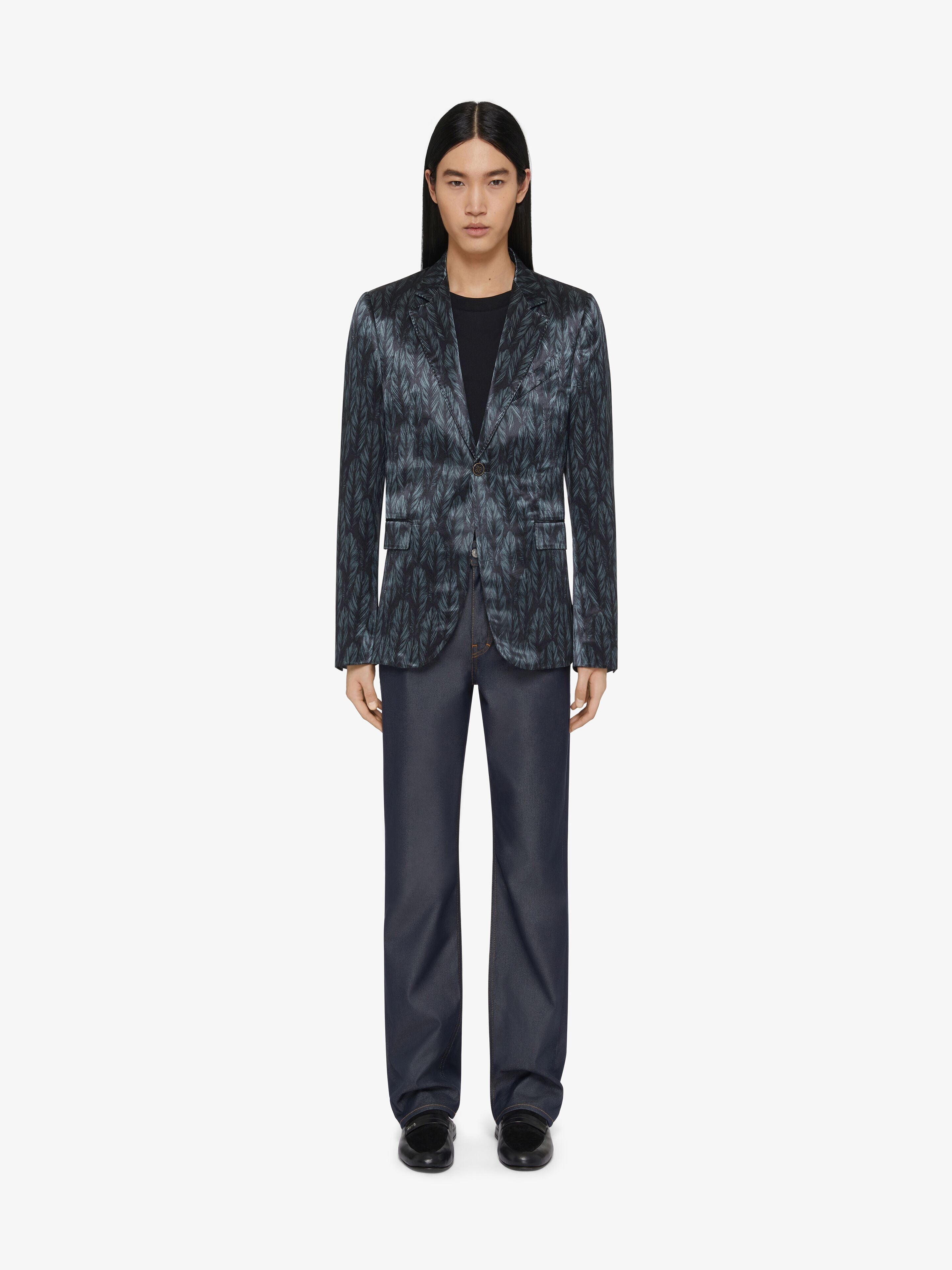SLIM FIT JACKET IN SATIN WITH FEATHERS PRINT - 2