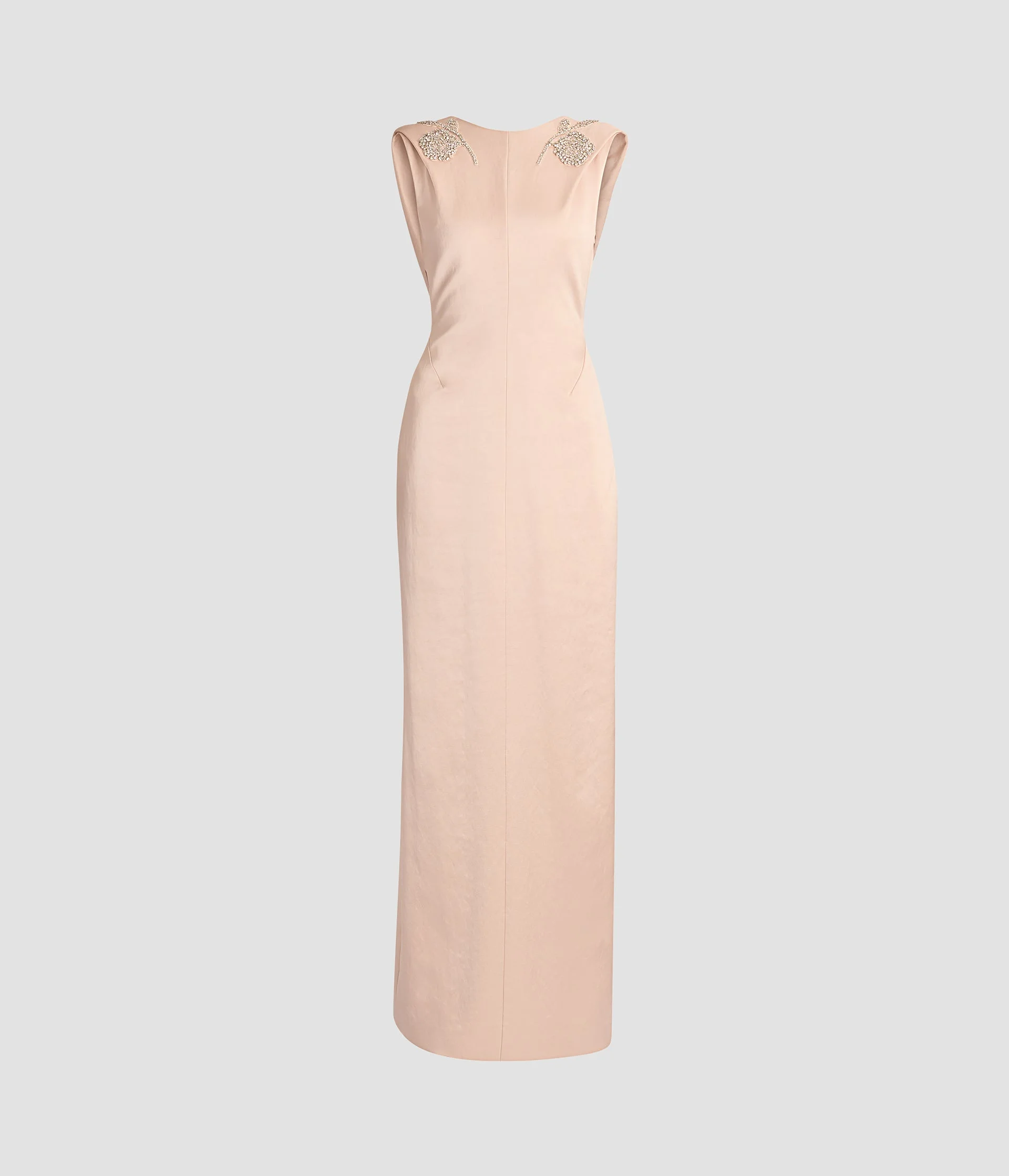 EMBROIDERED HEAVY SATIN SLEEVELESS DRAPED GOWN - 1