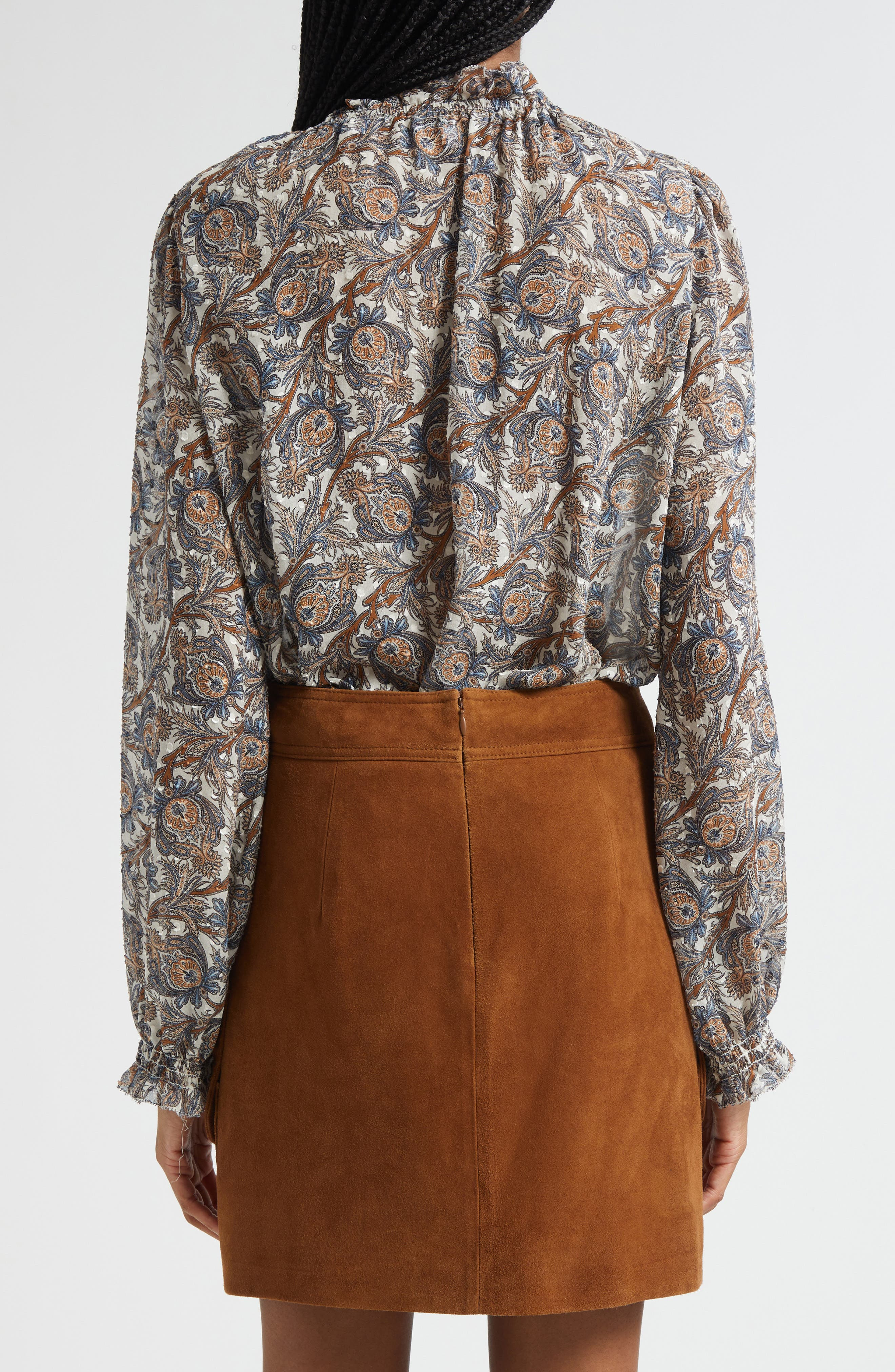 Veronica Beard Hickory Print Tie Neck Silk Blend Shirt in Dove Multi at Nordstrom - 3