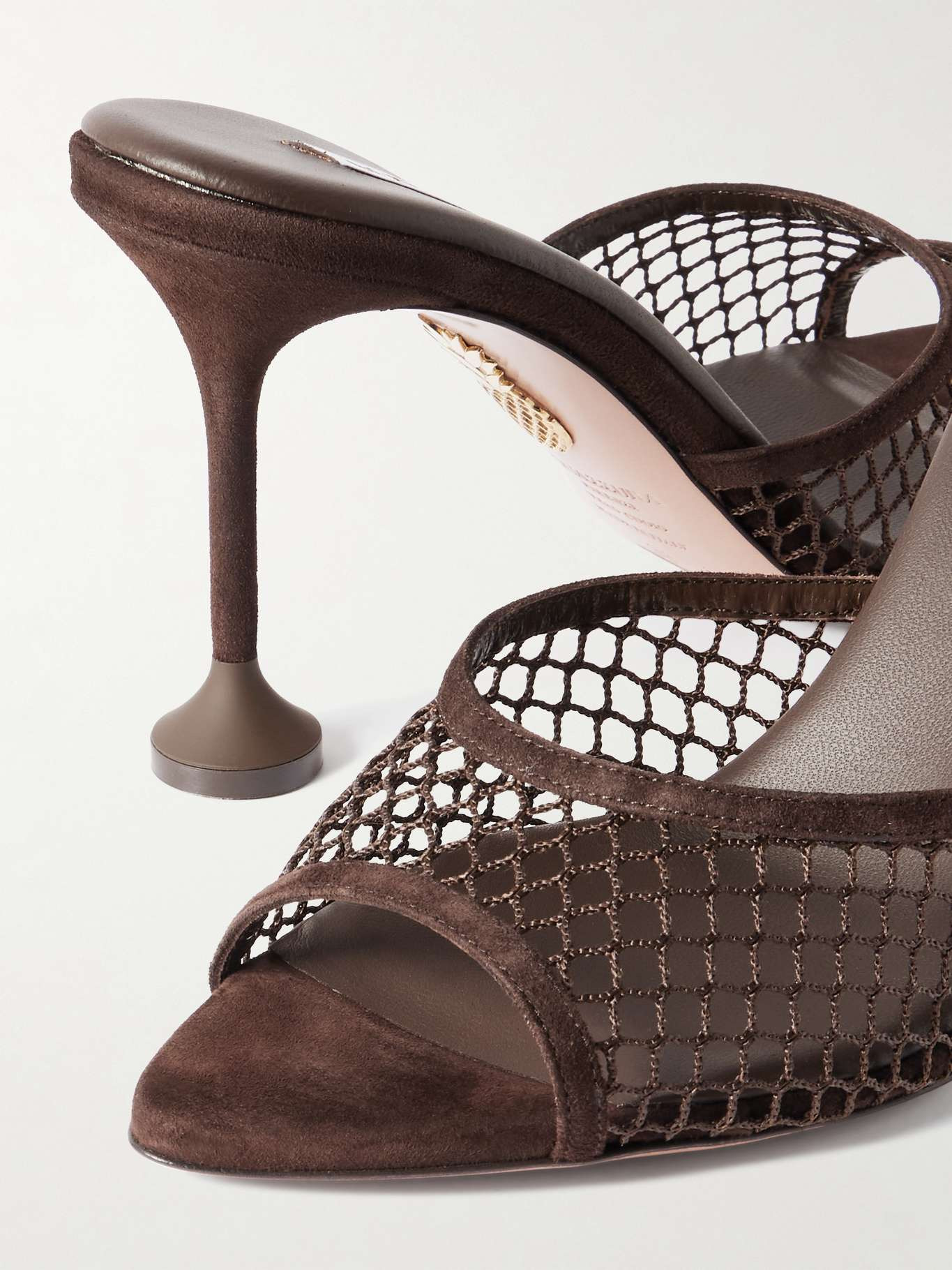 Bisous 85 suede-trimmed fishnet mules Chocolate - 4