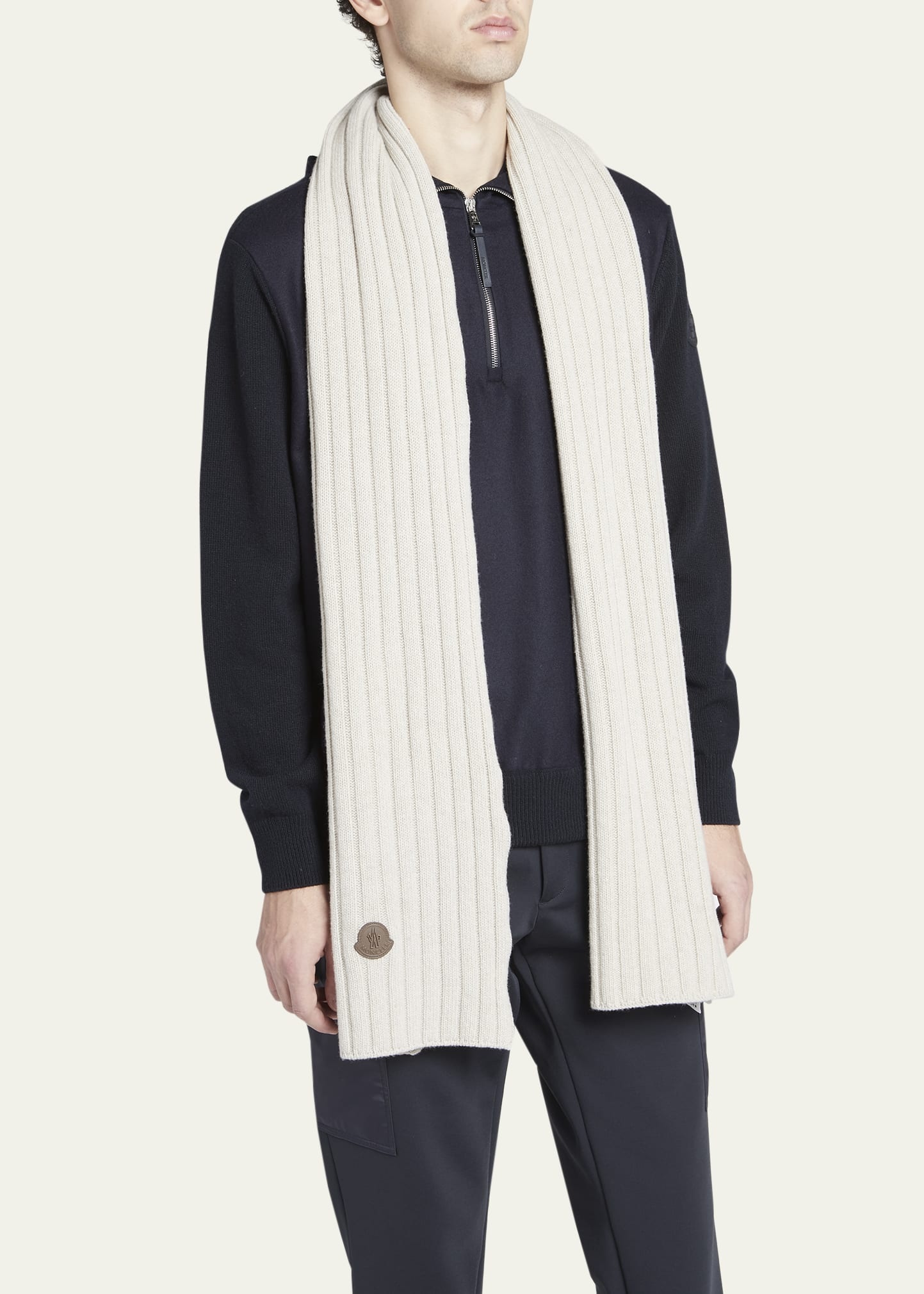 Wool English Rib Scarf with Leather Logo Patch - 3