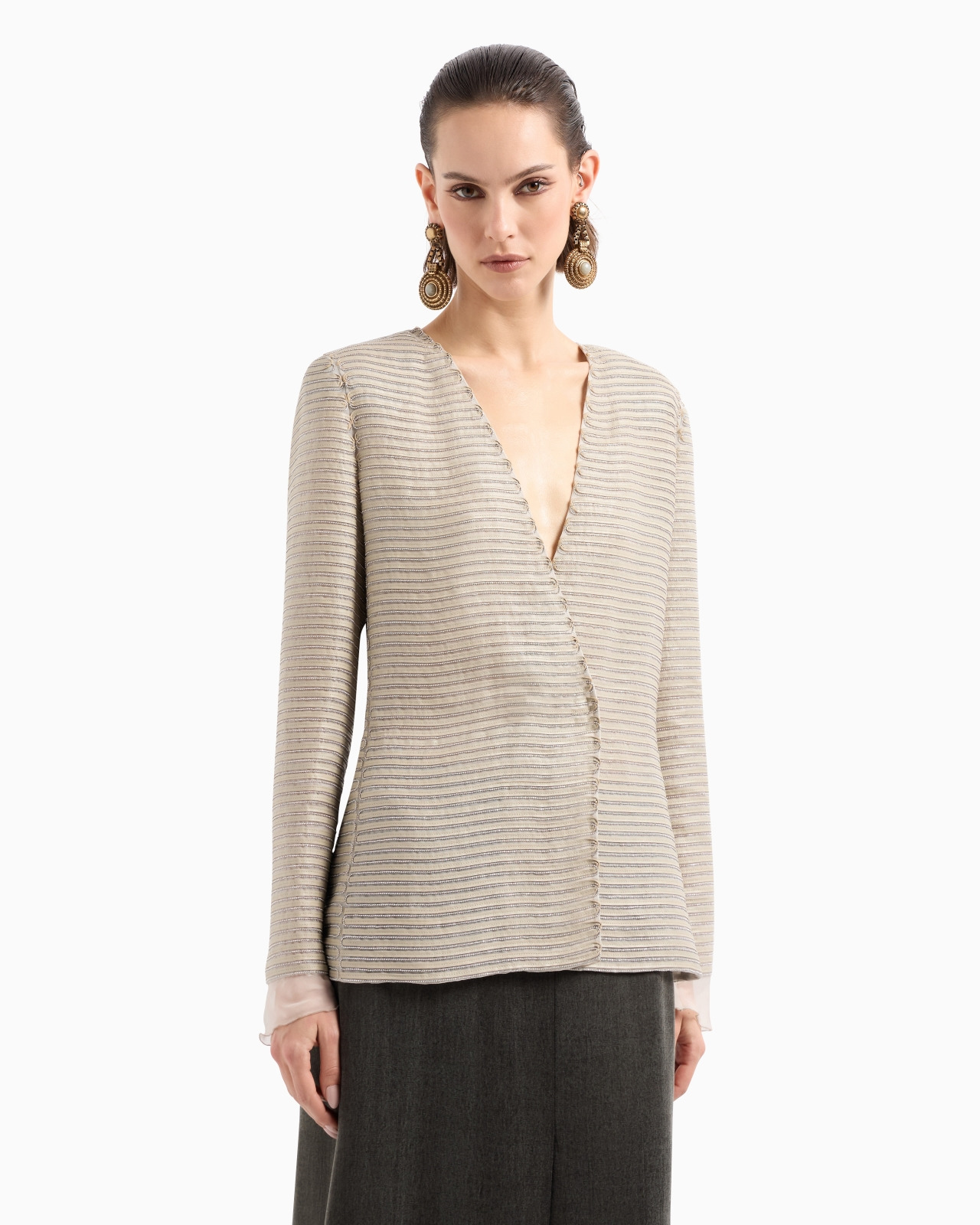 SINGLE-BREASTED JACKET IN SILK CHIFFON WITH EMBROIDERED SUEDE WEBBING - 4