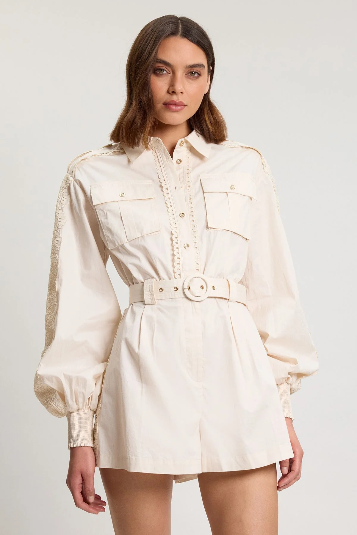 Cotton Sateen With Lace Trim Pocket Detail Playsuit - 1