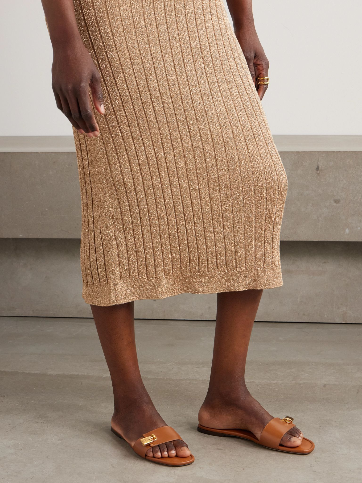 Embellished leather slides Tan - 2