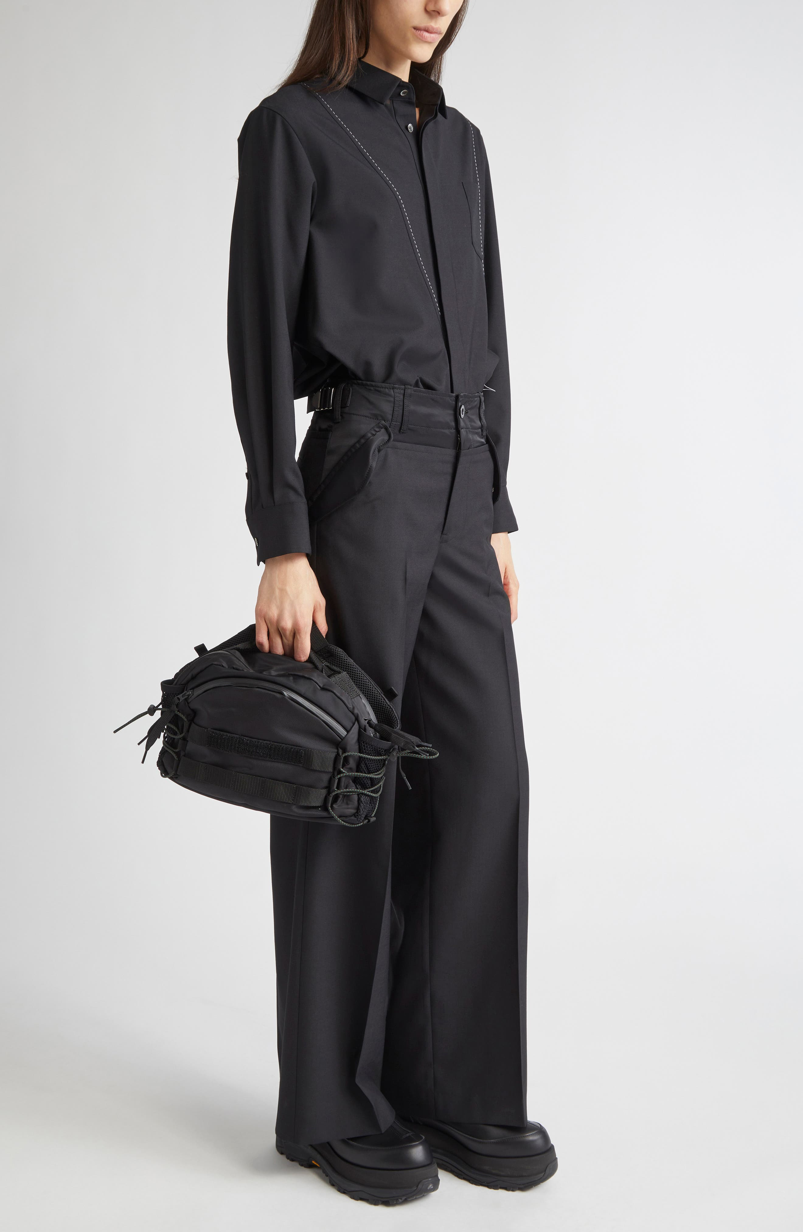 Sacai Suiting Fabric Button-Up Shirt in Black at Nordstrom - 2