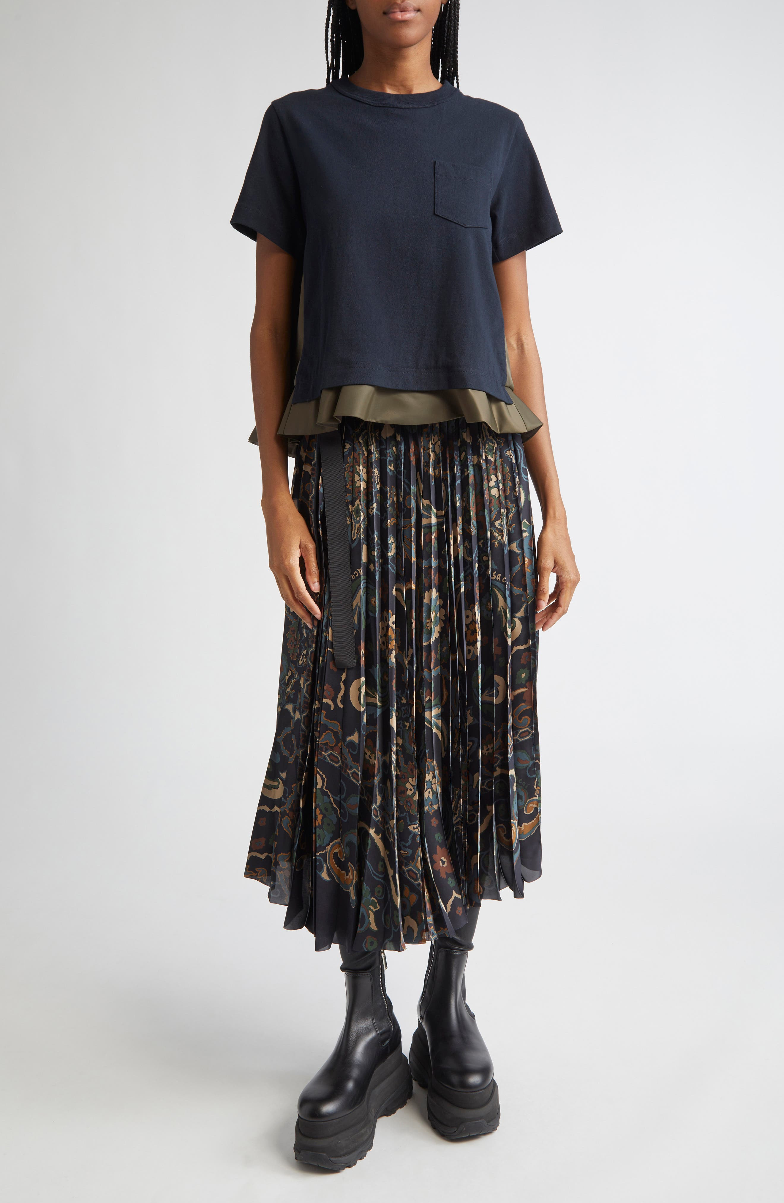 Sacai Mixed Media Nylon Twill & Cotton Jersey Pocket T-Shirt in Navy/Dark Khaki at Nordstrom - 2