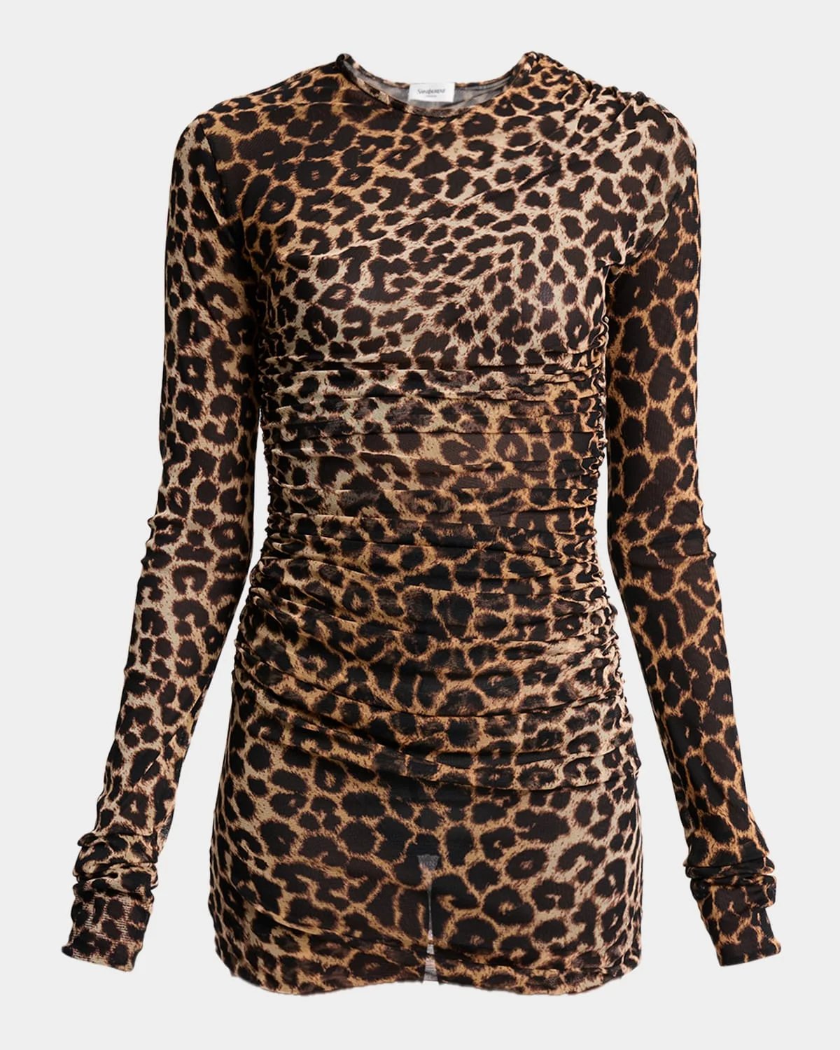 Leopard-Print Ruched Long-Sleeve Mini Dress - 1
