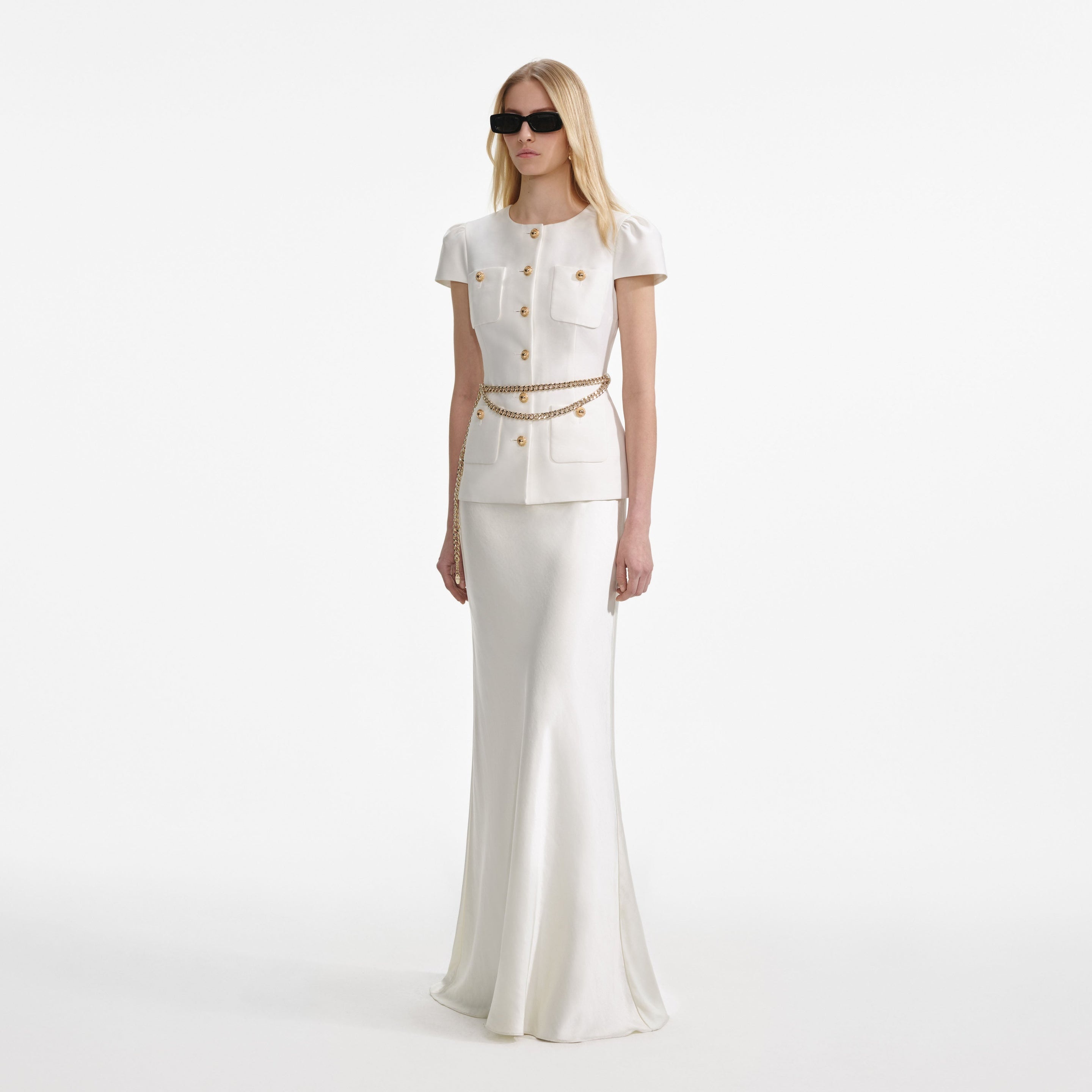 Cream Taffeta Chain Belt Maxi Dress - 2