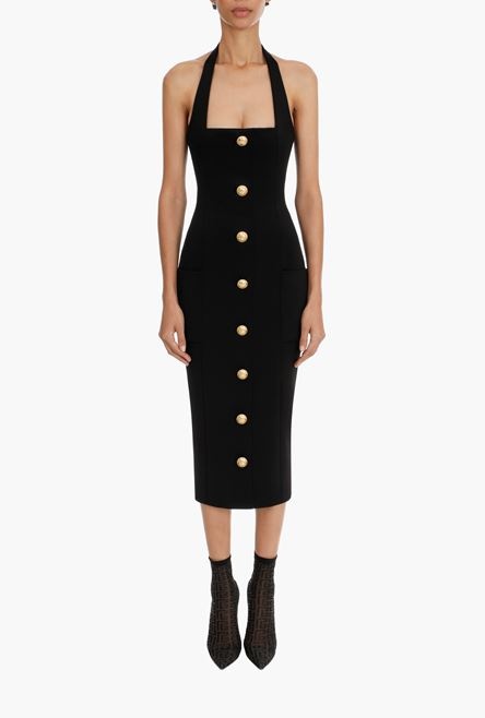 Midi length open back black dress with gold-tone buttons - 5