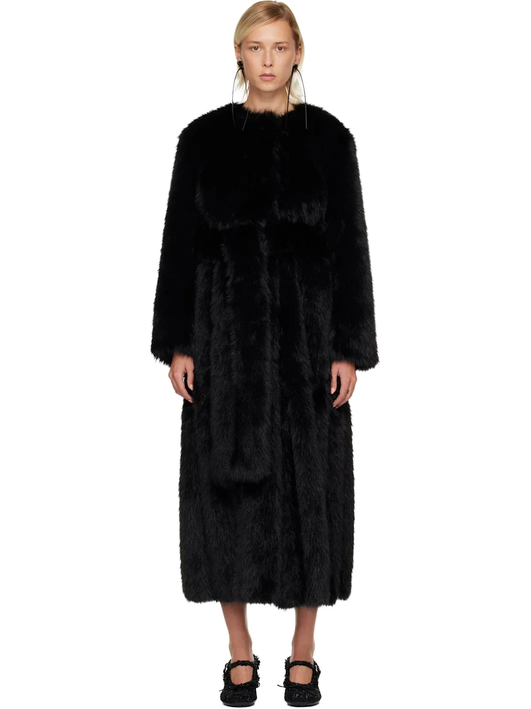 Black Belted Faux Fur Long Multi Slit Coat - 1