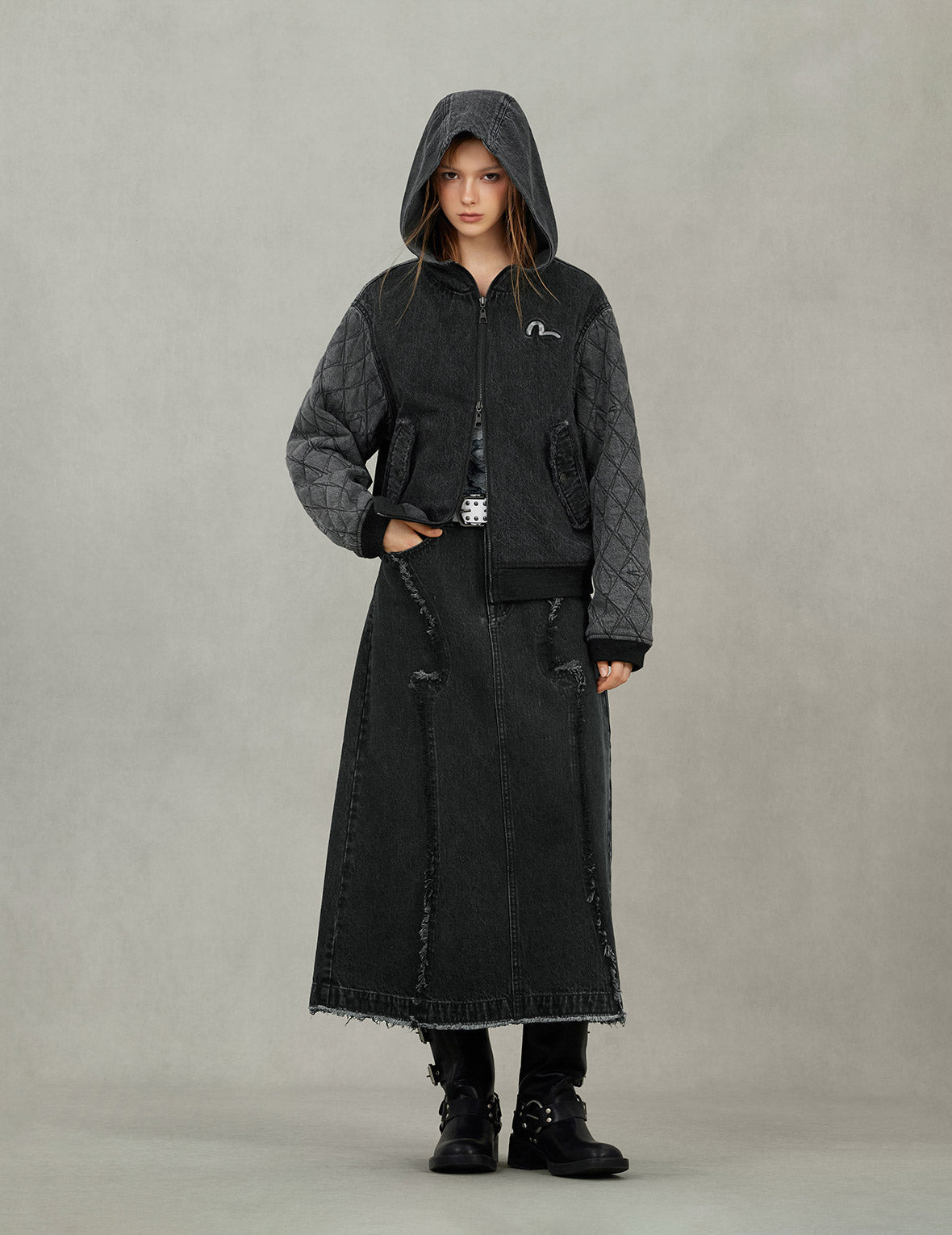 Seagull Embroidery Fashion Fit Hooded Padded Denim Jacket - 5