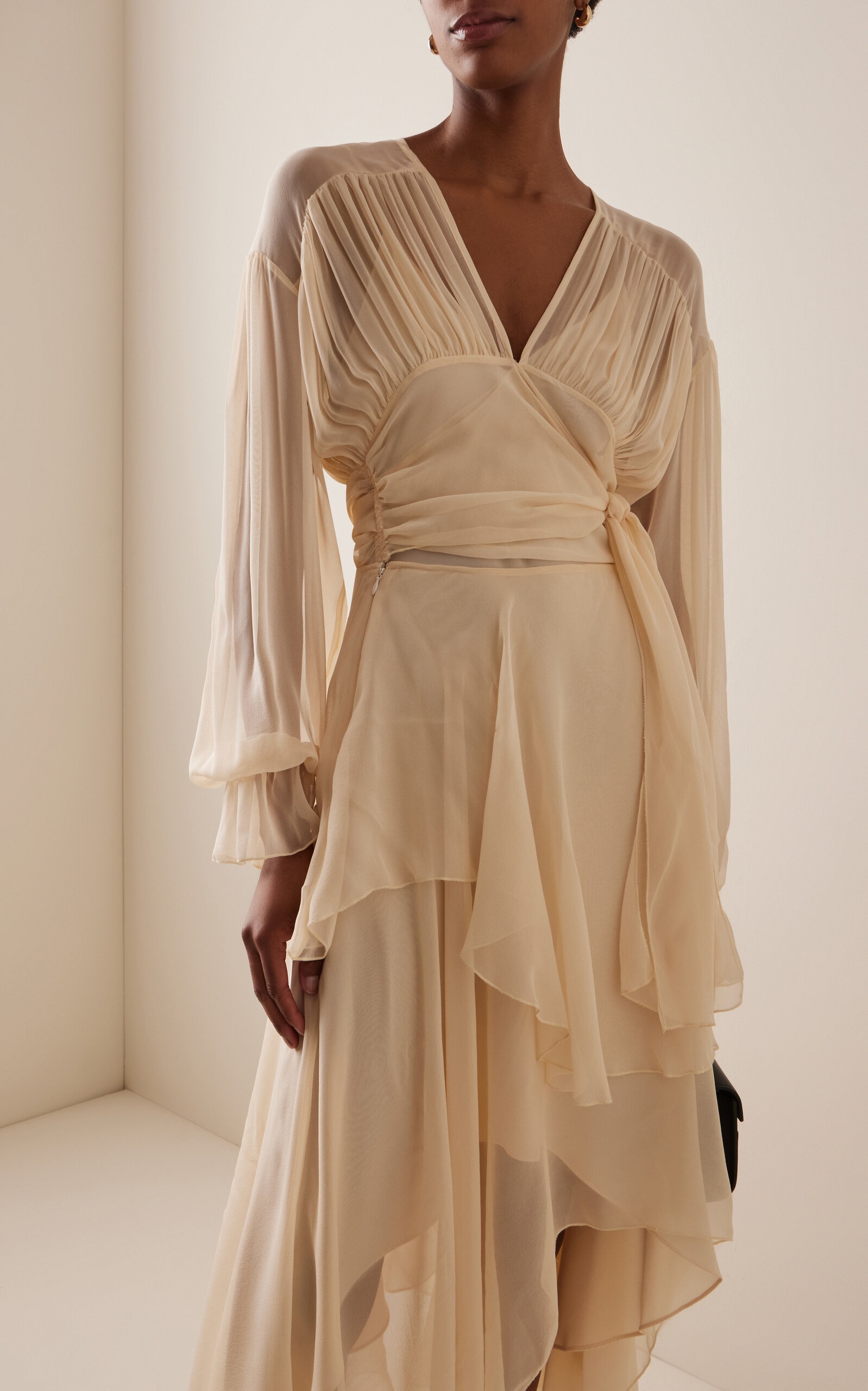 Tie-Detailed Silk-Chiffon Midi Dress off-white - 3