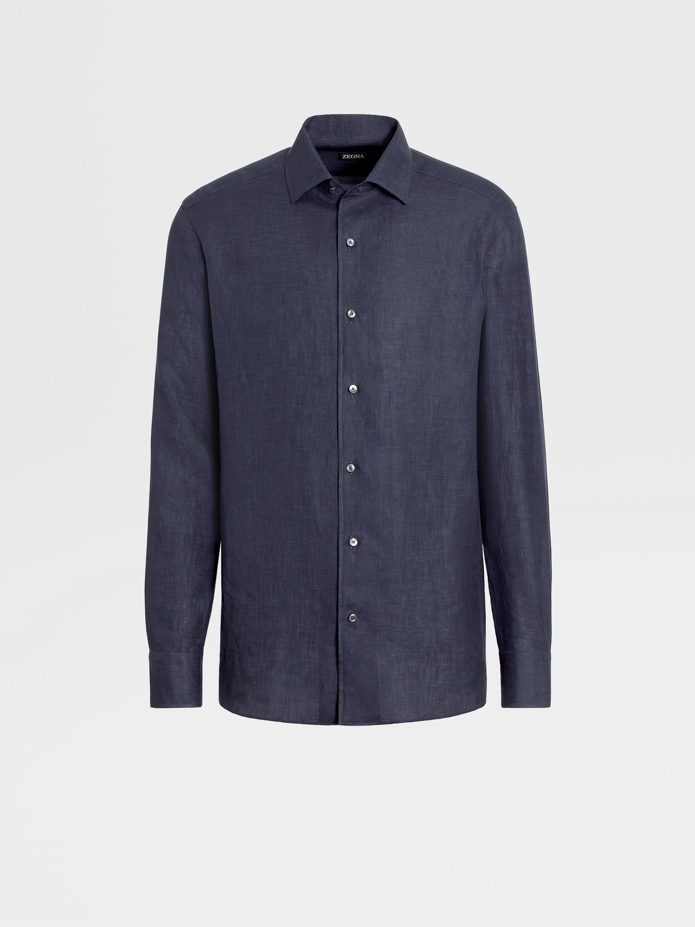 NAVY BLUE PURE LINEN LONG-SLEEVE SHIRT - 1