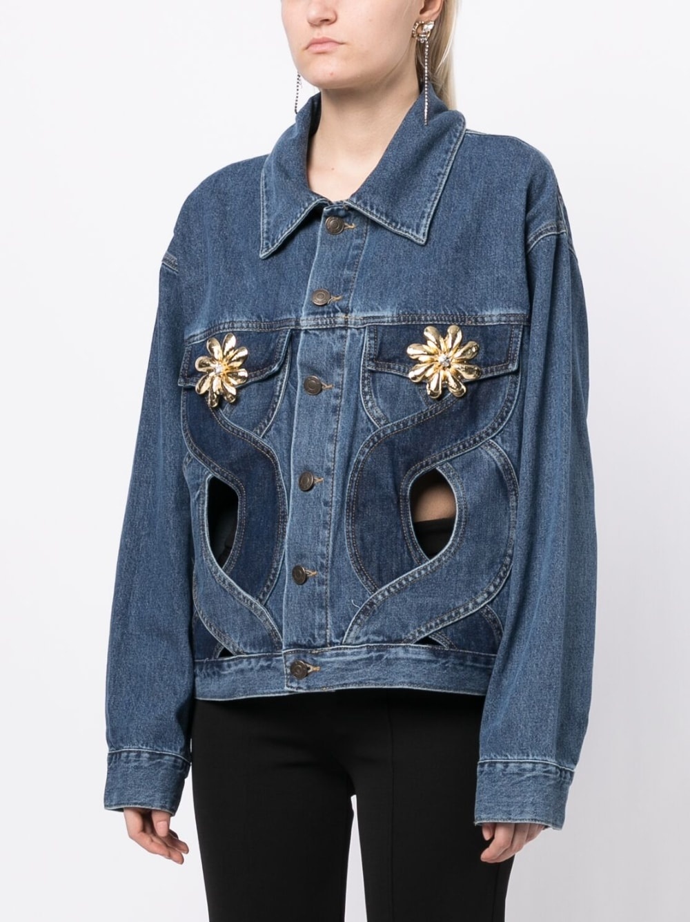 shell-embellished cut-out denim jacket - 3