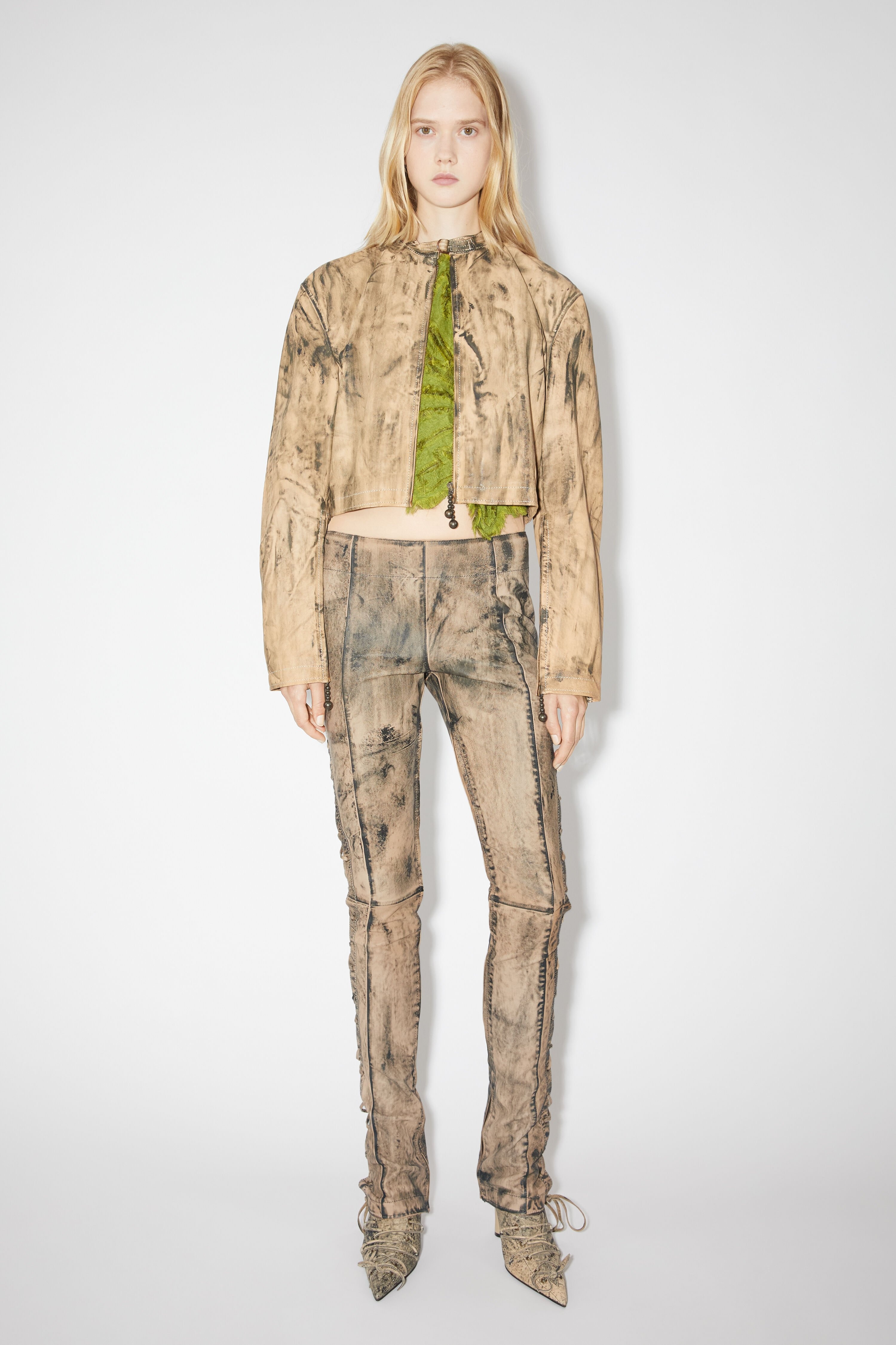 Leather lace-up trousers - Beige/green - 2
