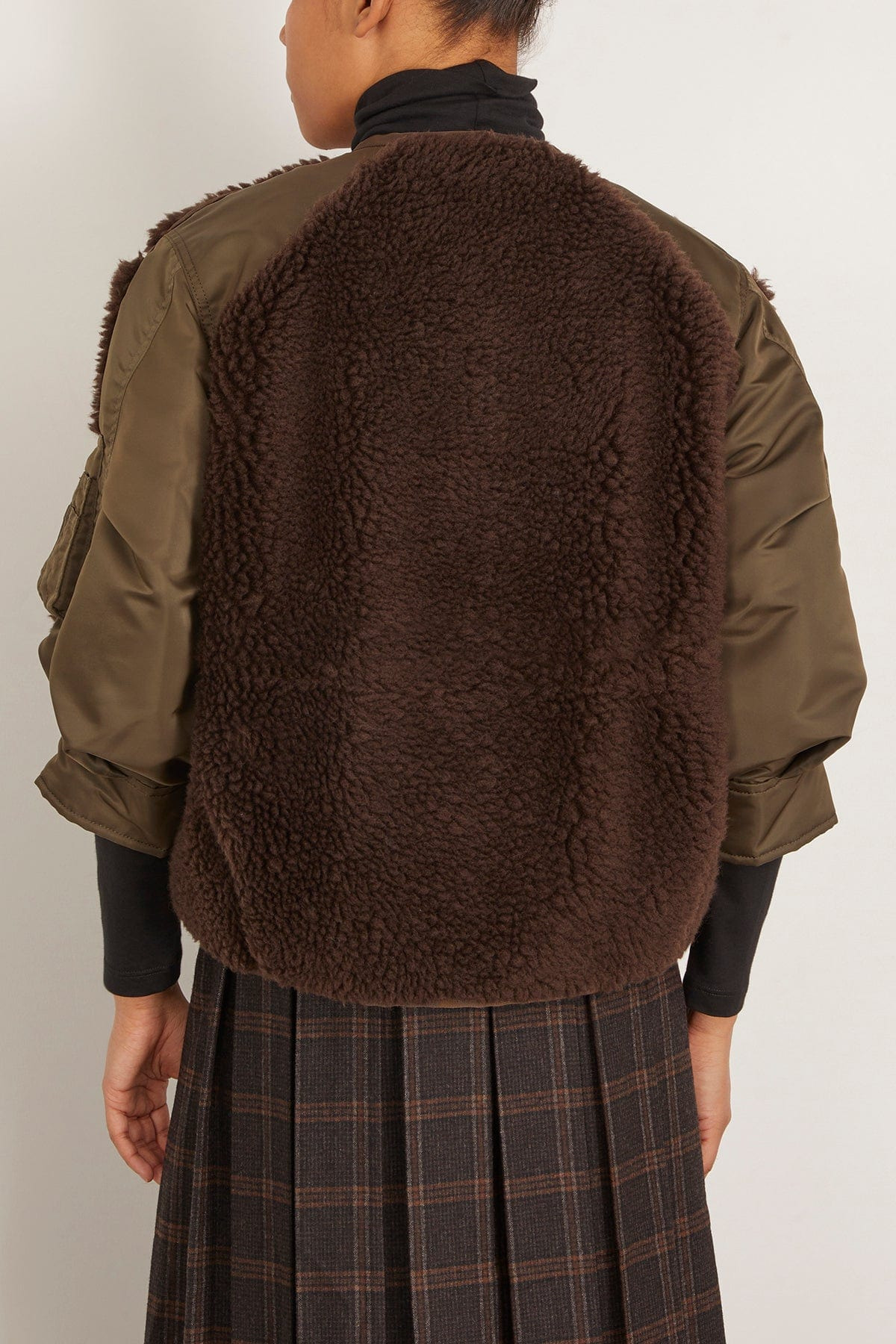 Faux Shearling Nylon Twill Blouson in Brown/Dark Khaki - 4