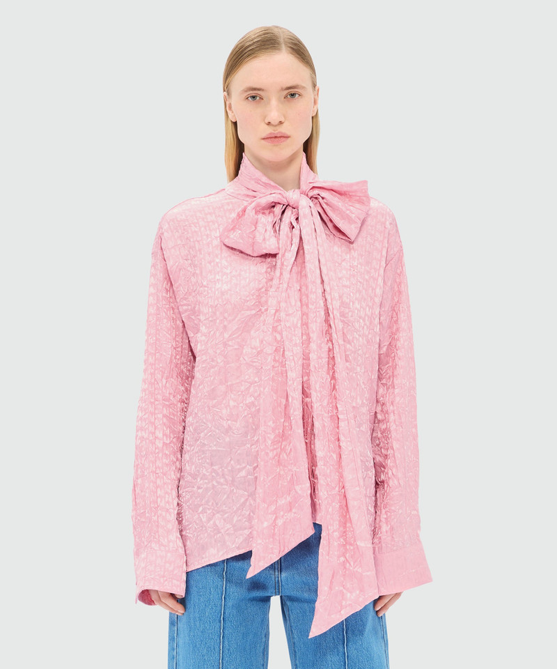 MSGM Pink satin shirt with a wrinkled effect and a jacquard "TheMwave" motif outlook