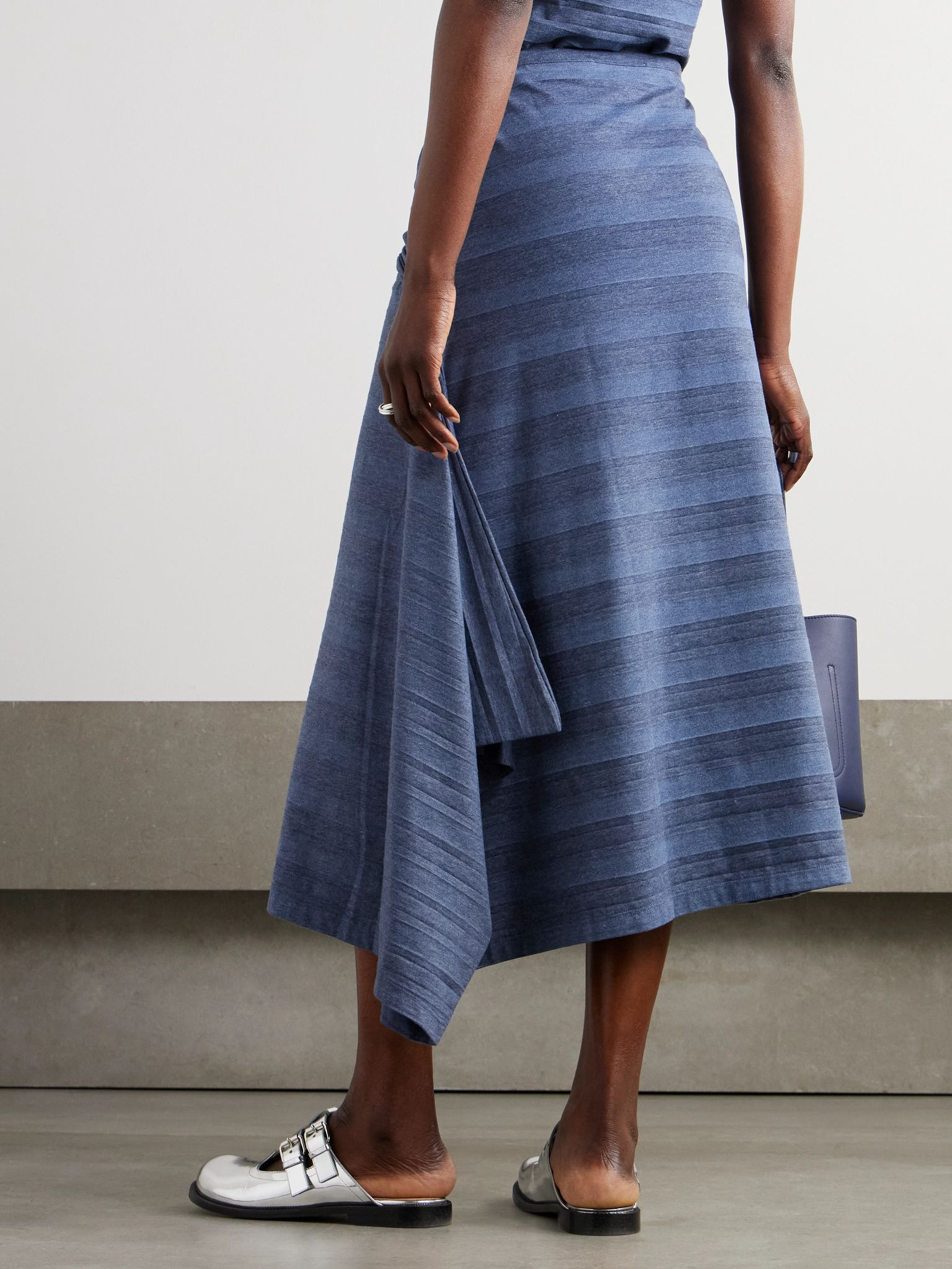 Sash convertible asymmetric twist-front striped cotton-blend jersey midi skirt Blue - 3