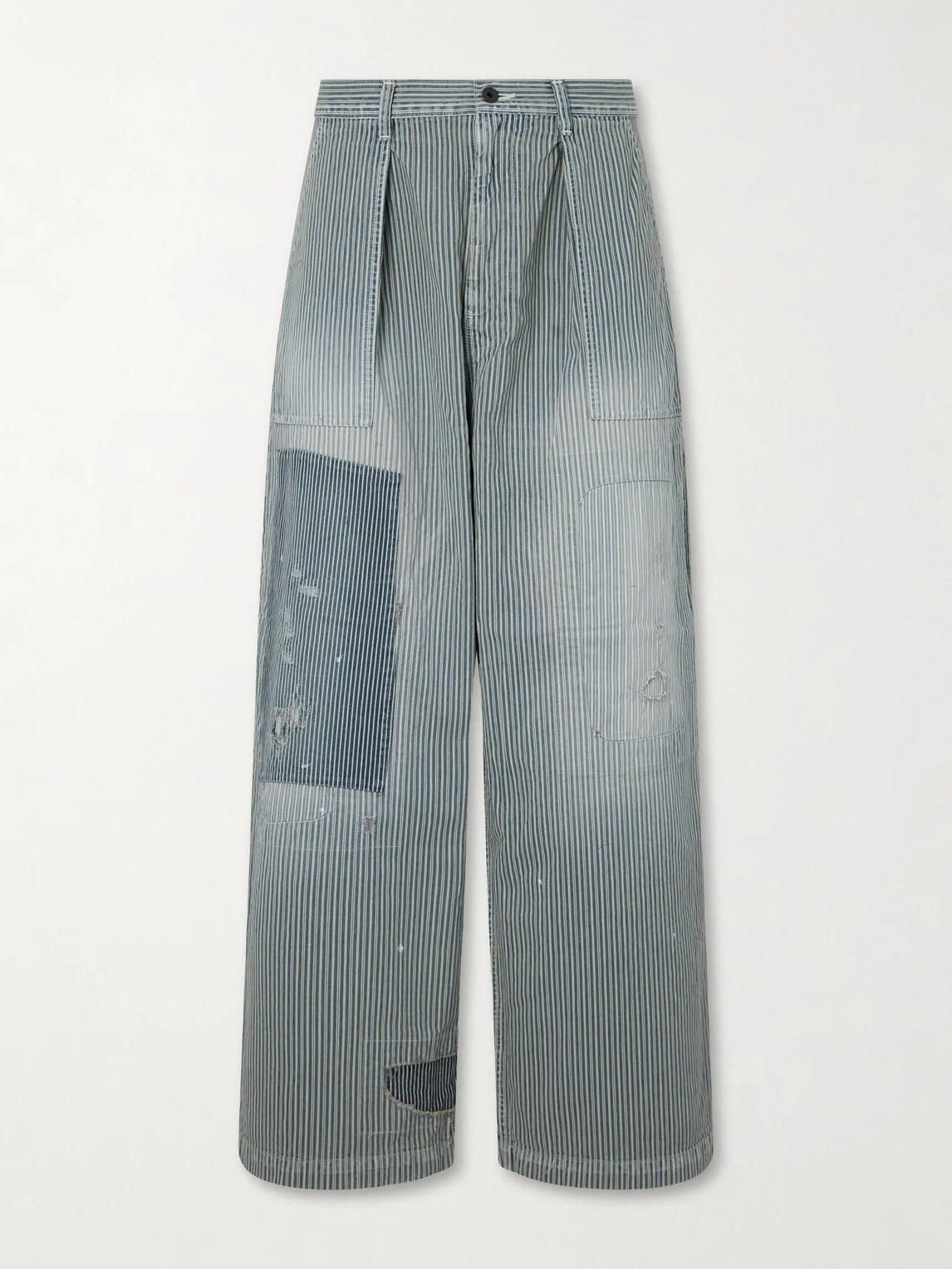 Liberty Hicoree Fatigue Wide-Leg Striped Distressed Patchwork Cotton-Twill Trousers - 1