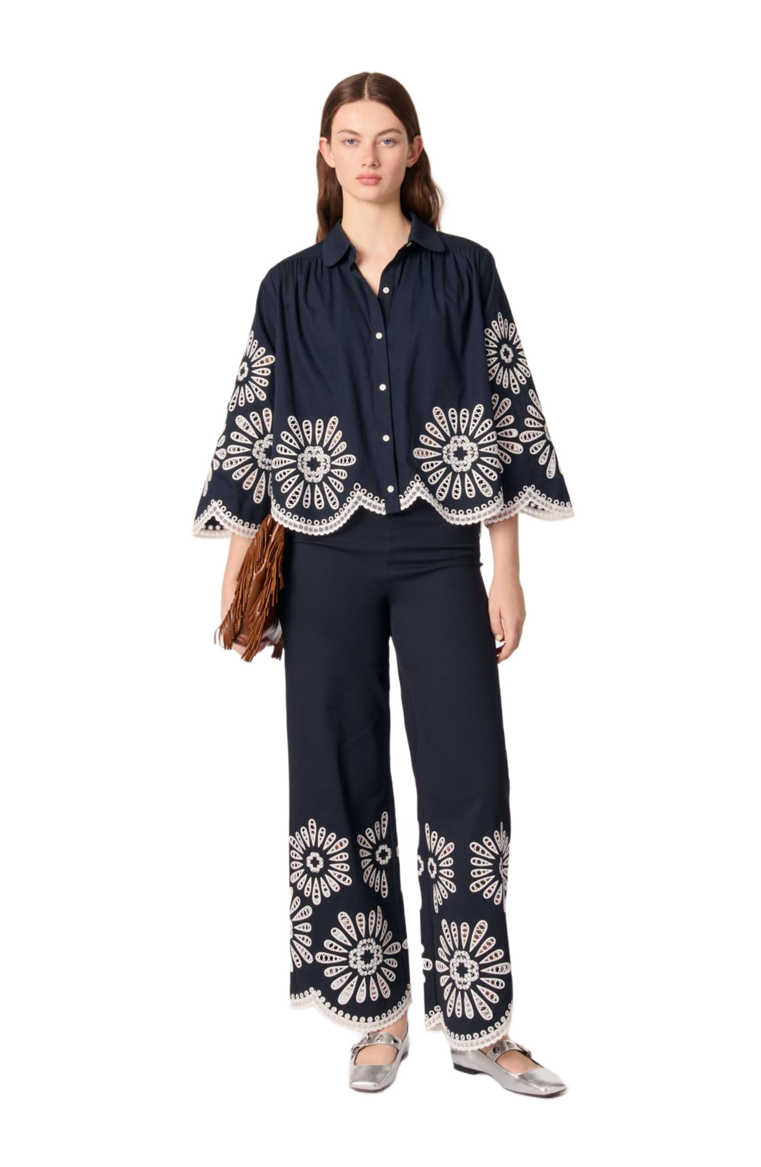 maje Cropped shirt with crochet detail in Navy at Nordstrom - 2