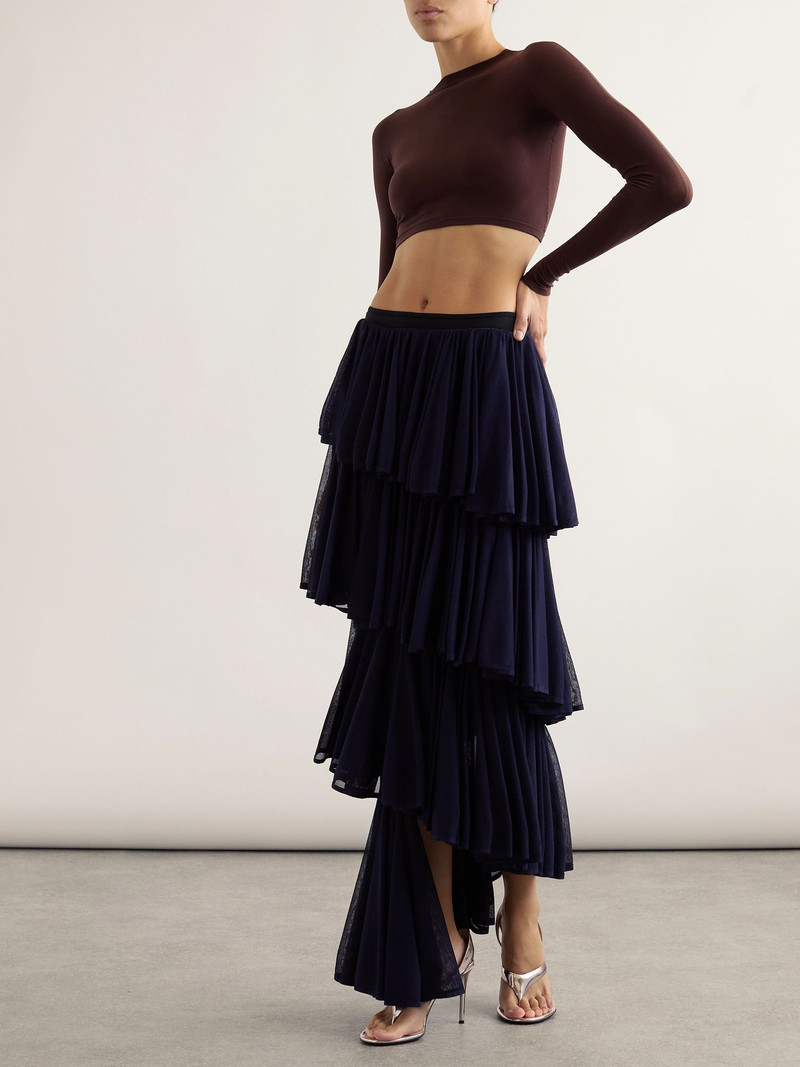 Alaïa Asymmetric pleated tiered knit midi skirt Navy outlook