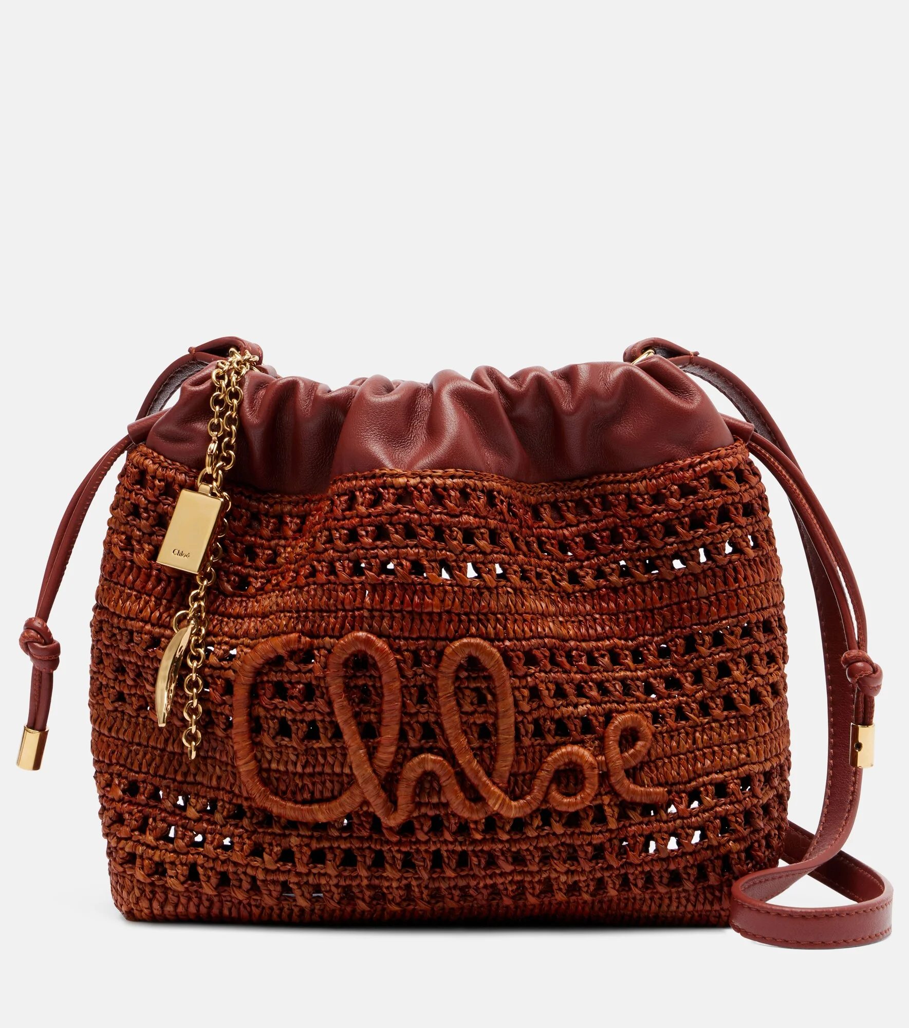 Mini leather-trimmed raffia bucket bag - 1
