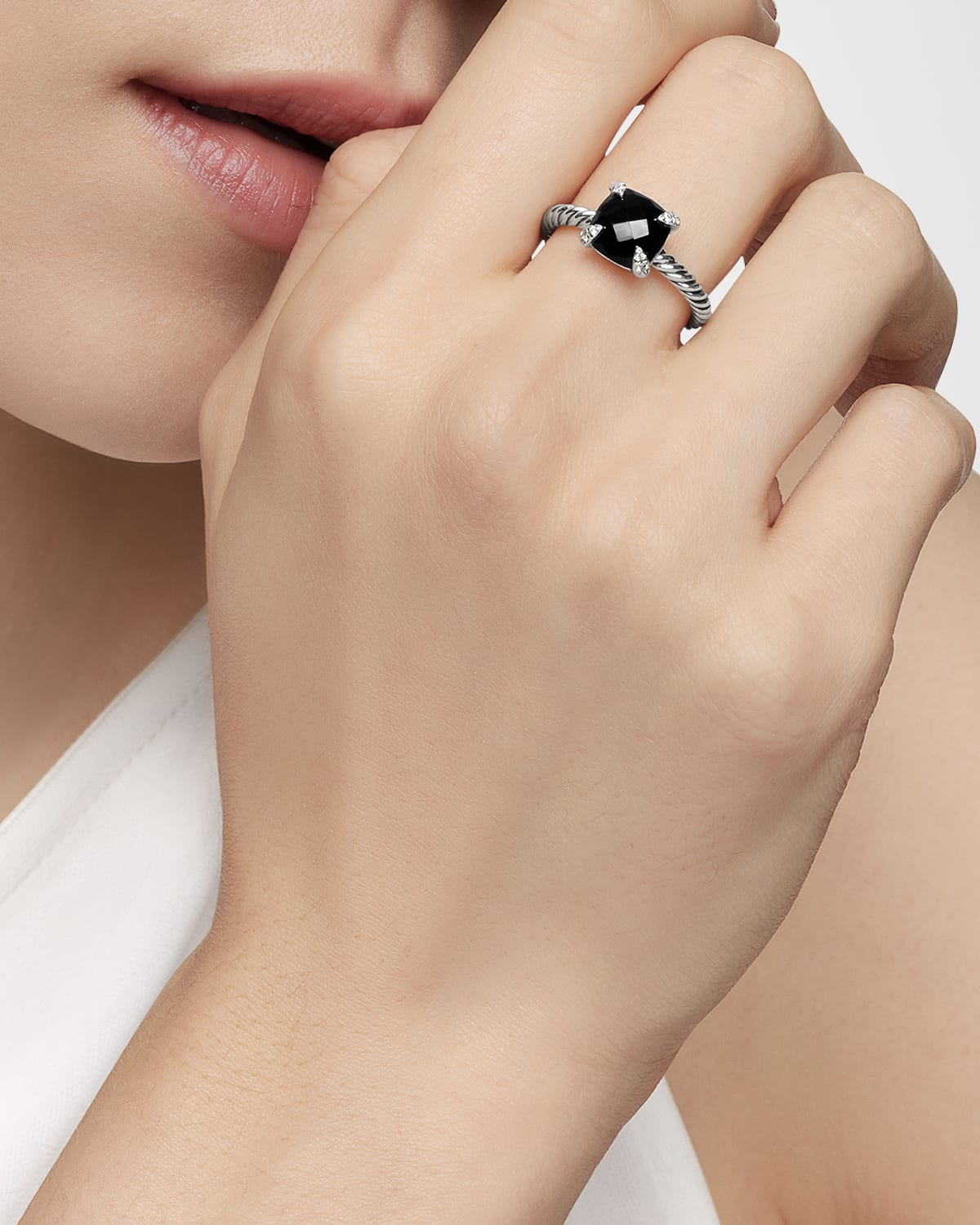 Chatelaine Ring with Black Onyx and Diamonds in Silver, 8mm, Size 10 - 6