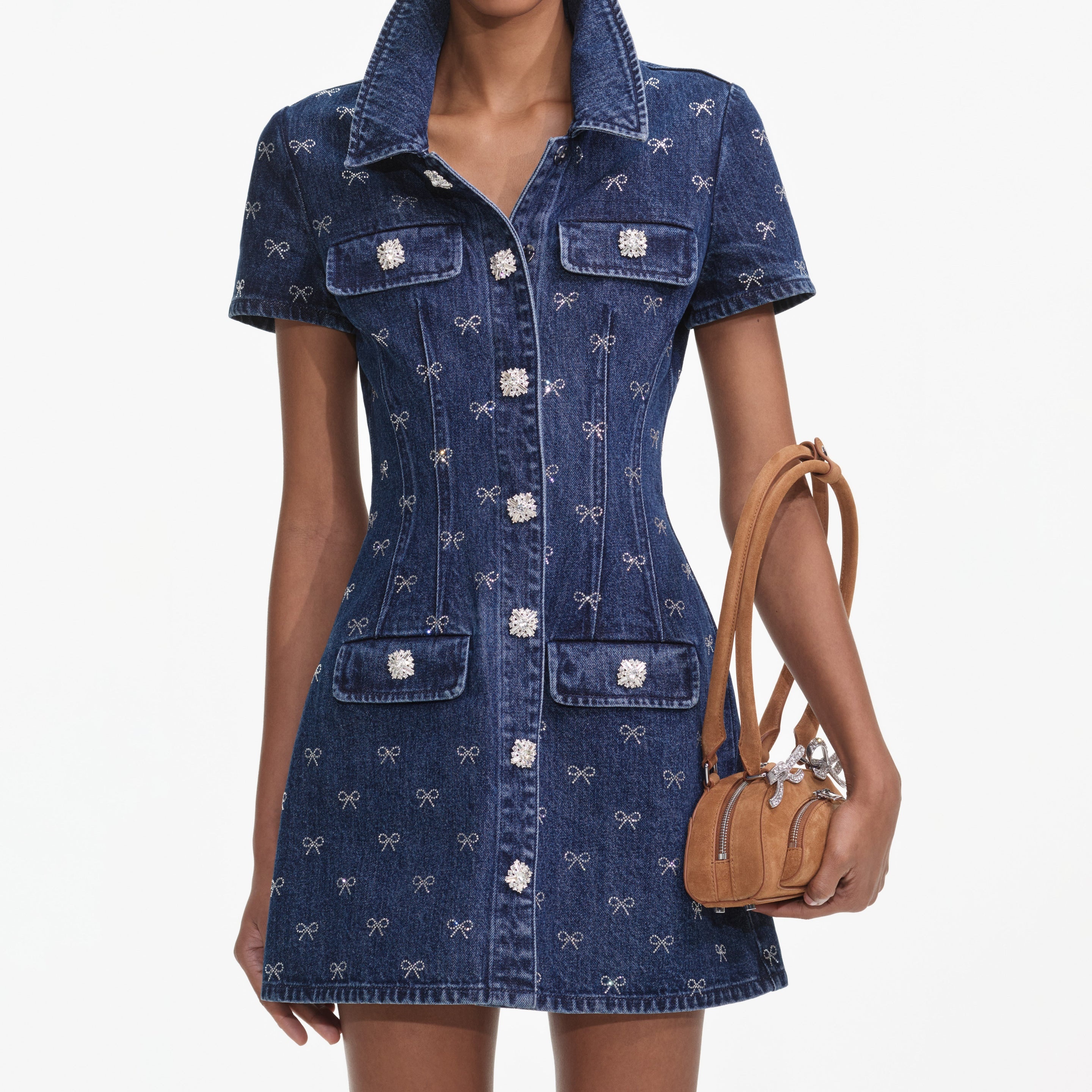 Denim Diamante Bow Collared Mini Dress - 5
