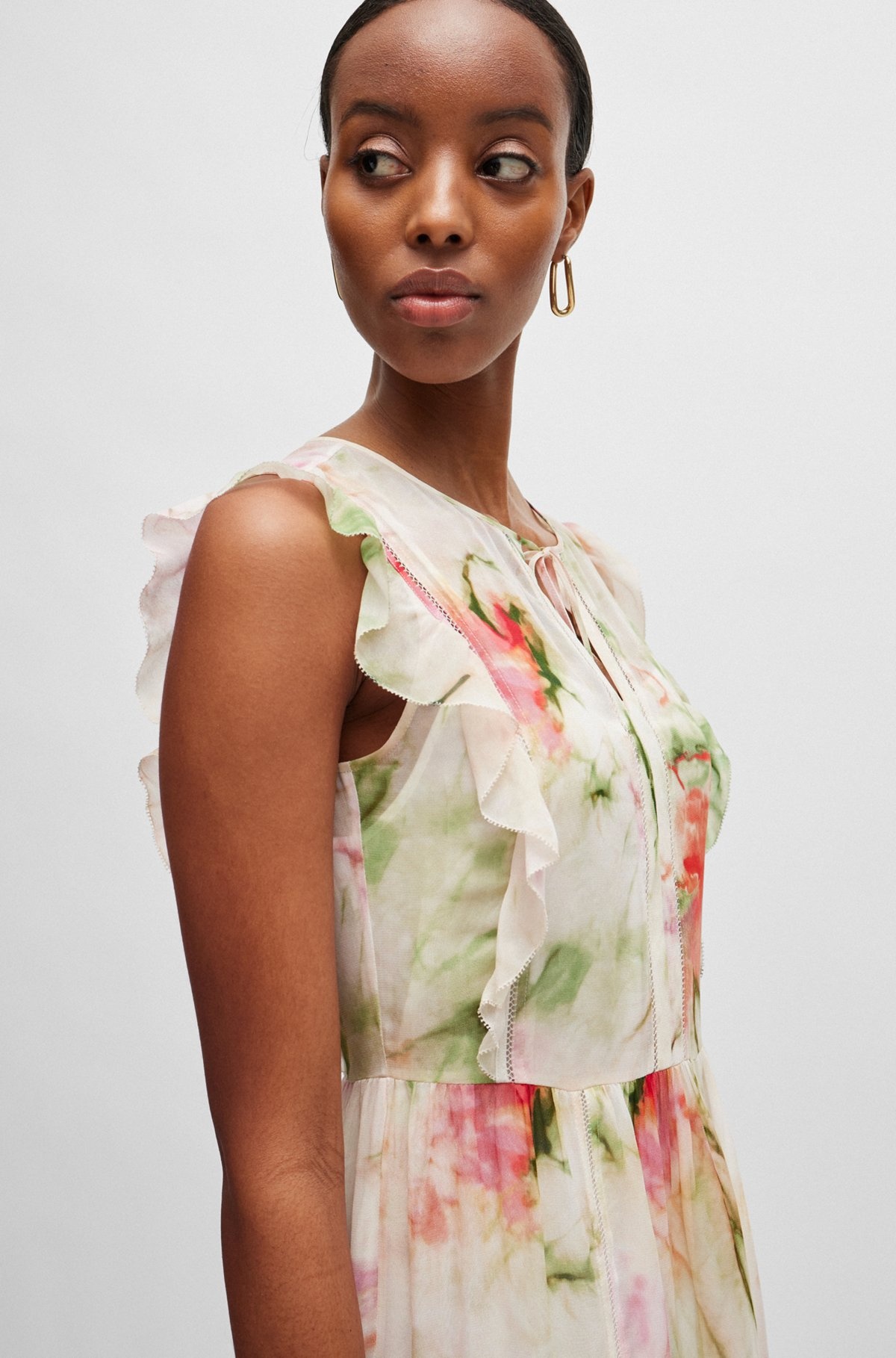 PRINTED DRESS IN CRINKLE CREPE WITH LACE DETAILS - 5