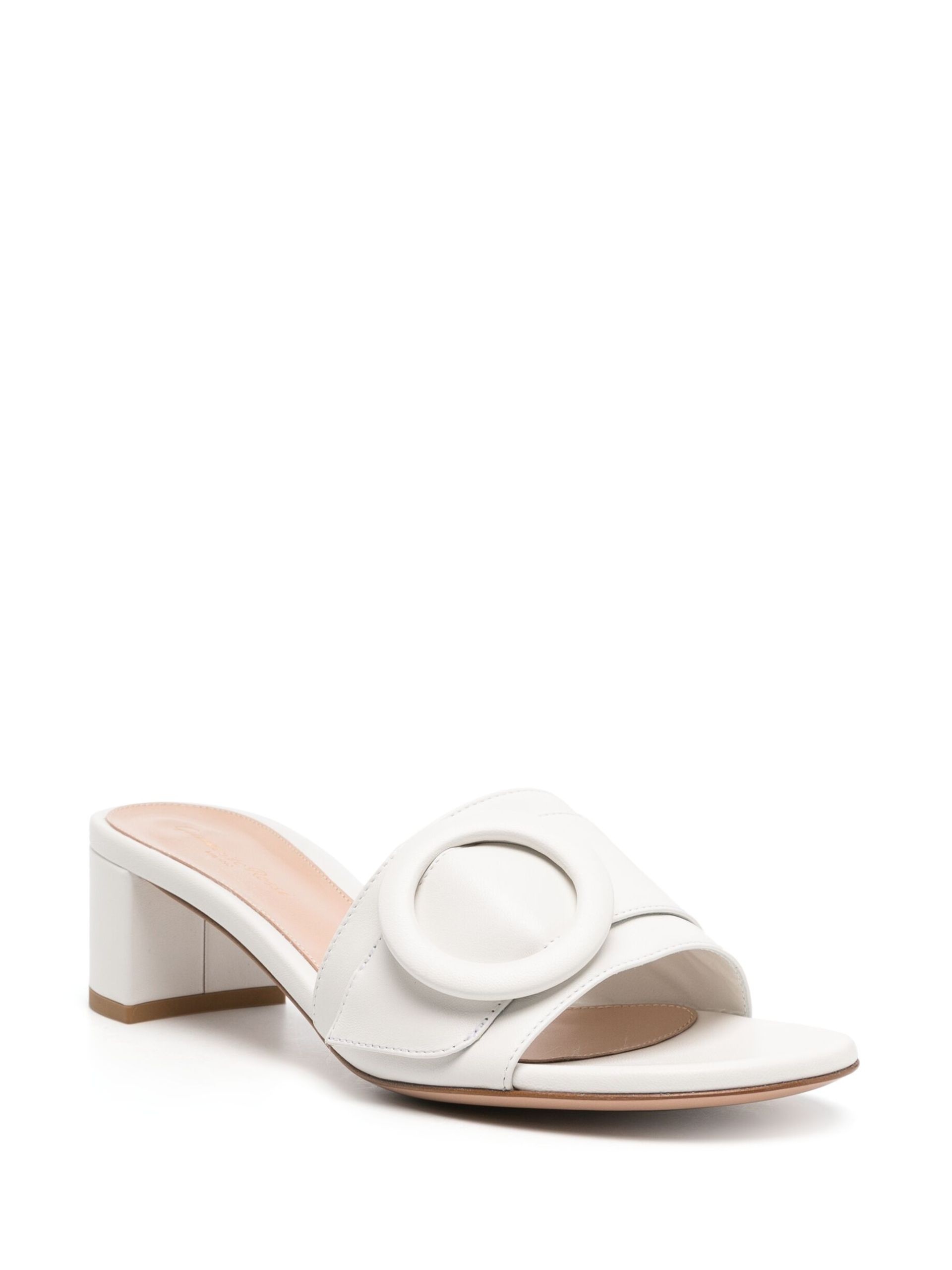 White Decorative Buckle Leather Mules - 2