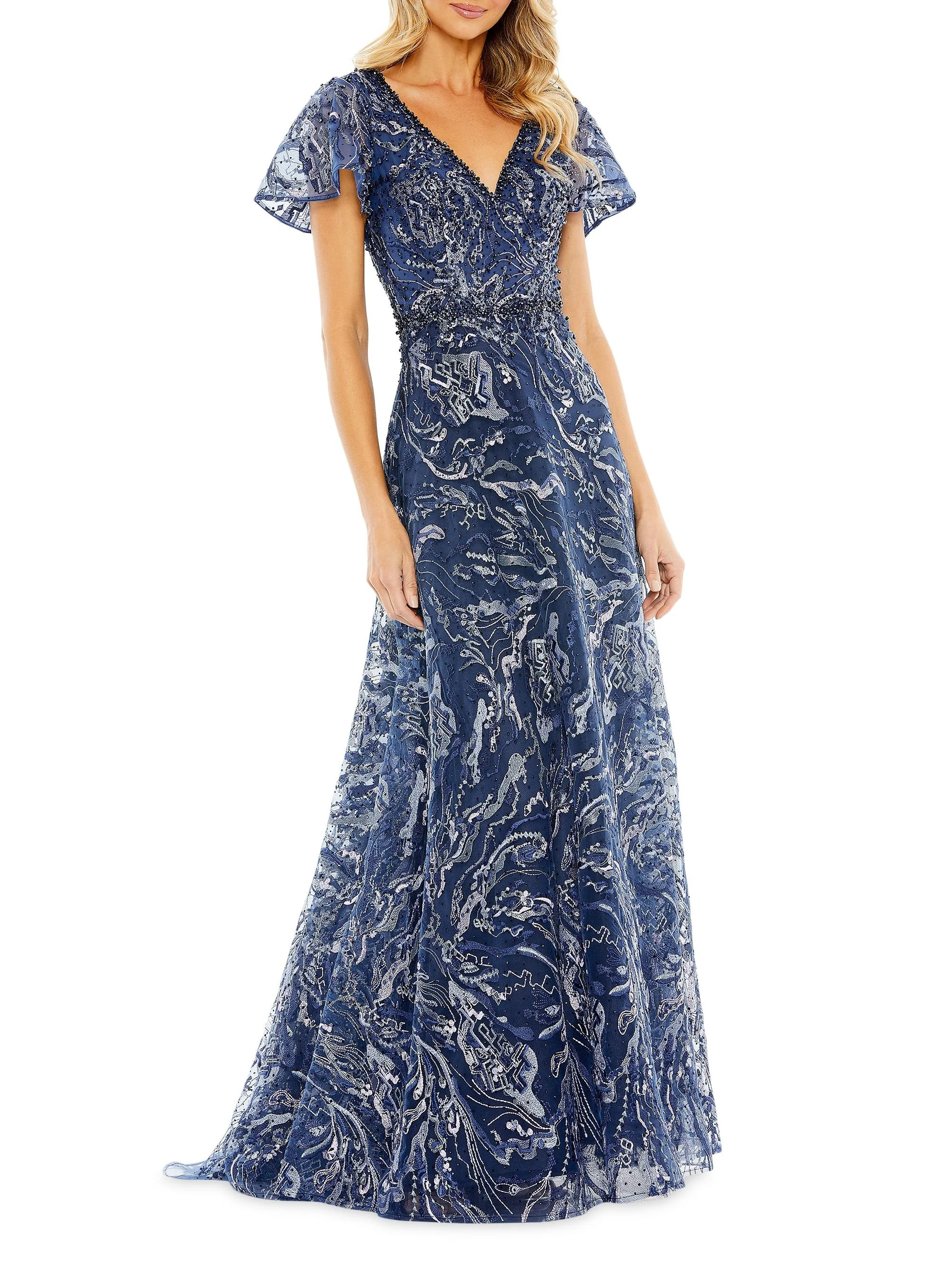 Women's Beaded & Embroidered Short-Sleeve Gown - Navy - 1
