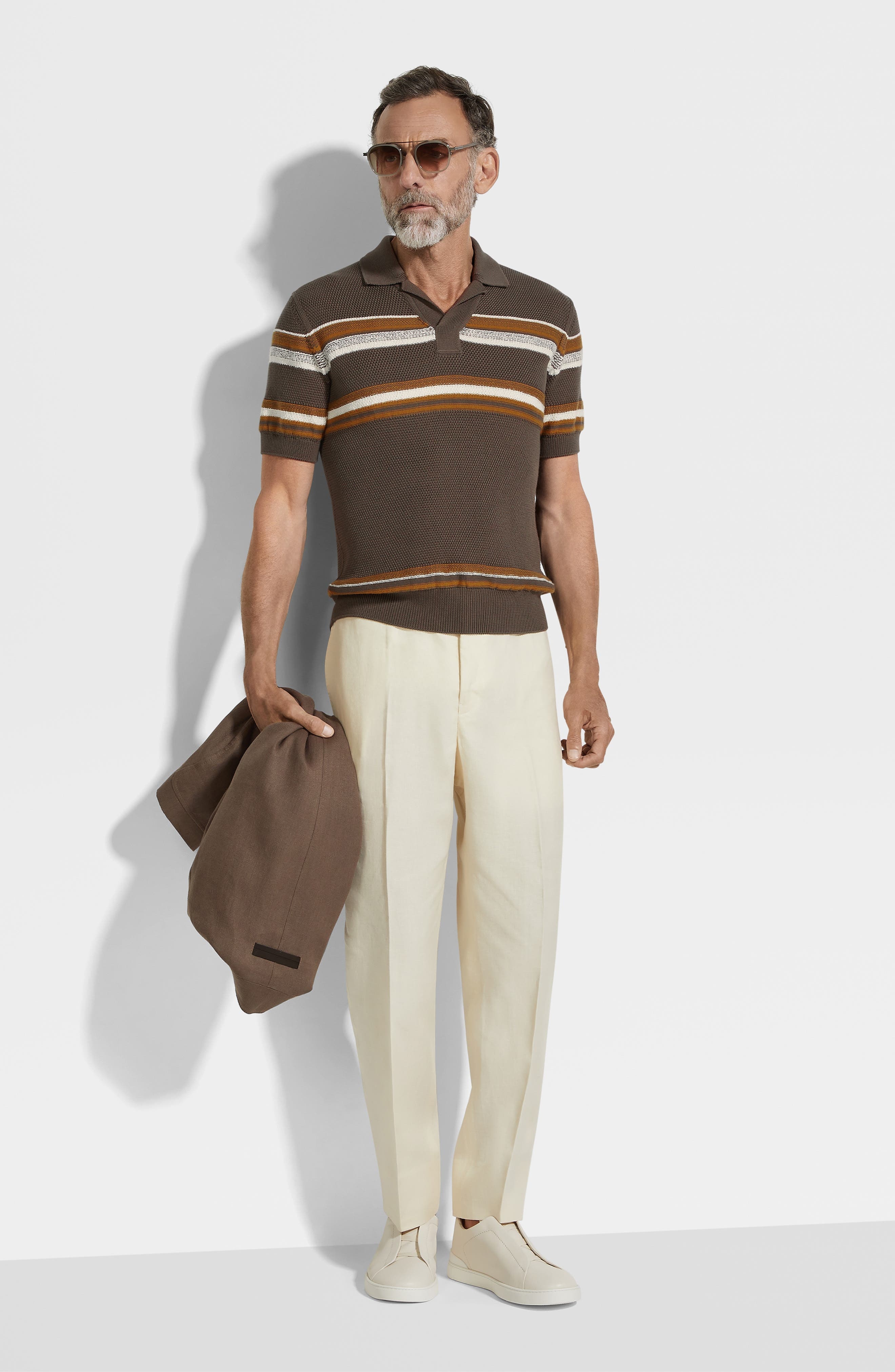 ZEGNA Stripe Cotton & Silk Polo Sweater in Dark Beige Stripe at Nordstrom - 4