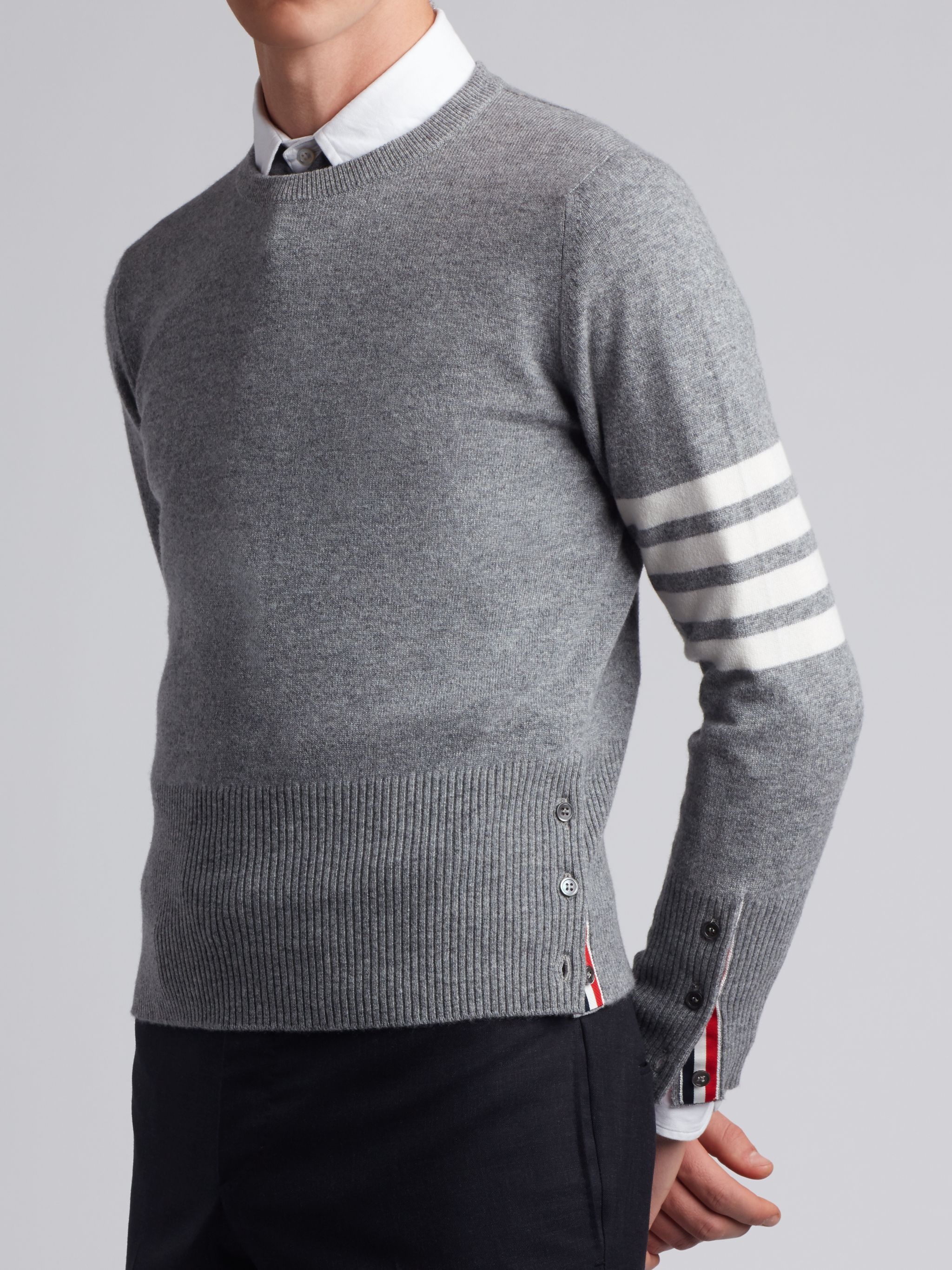 Light Grey Cashmere 4-bar Crew Neck Pullover - 3