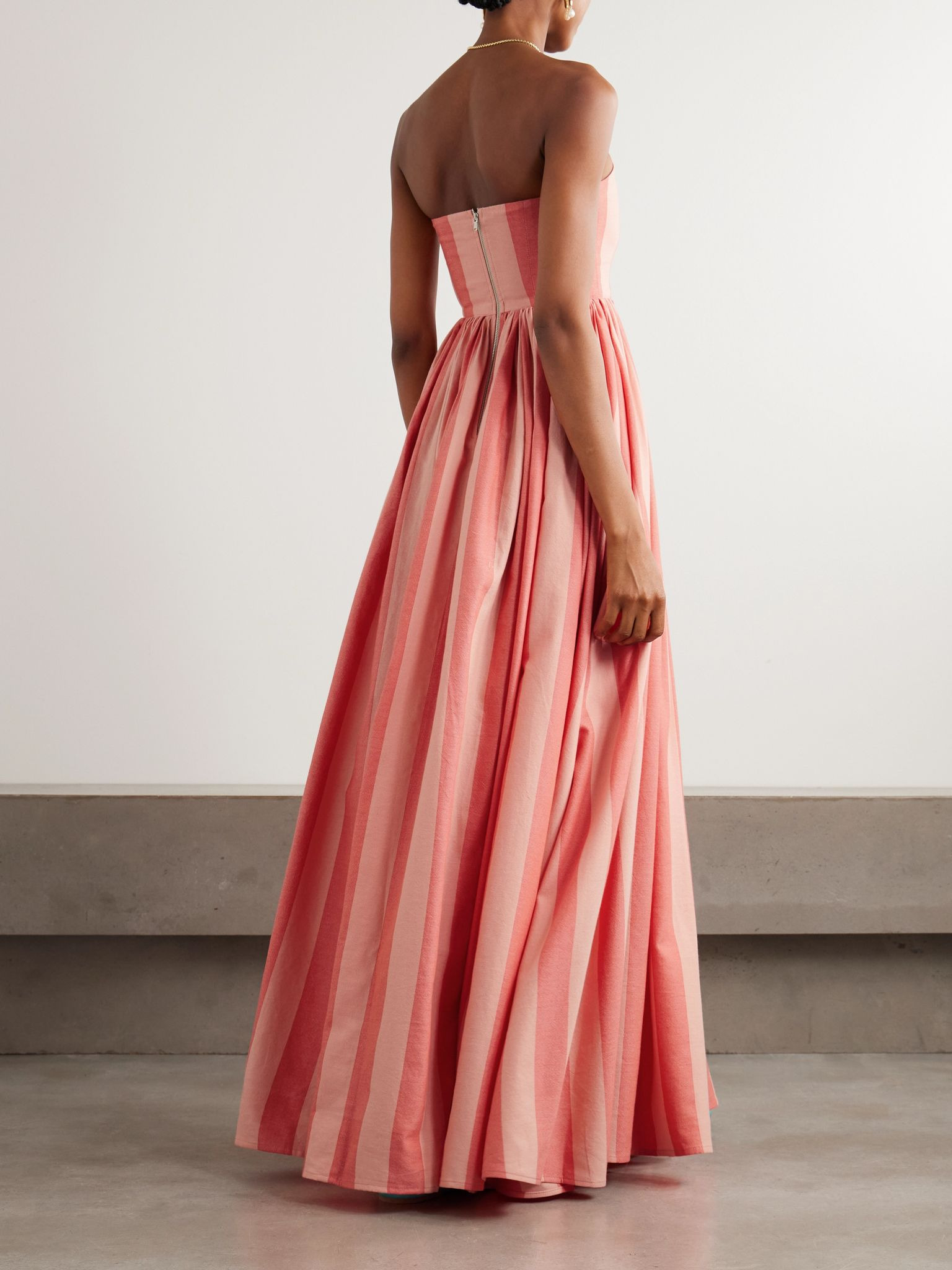 Strapless gathered striped cotton maxi dress Pink - 3