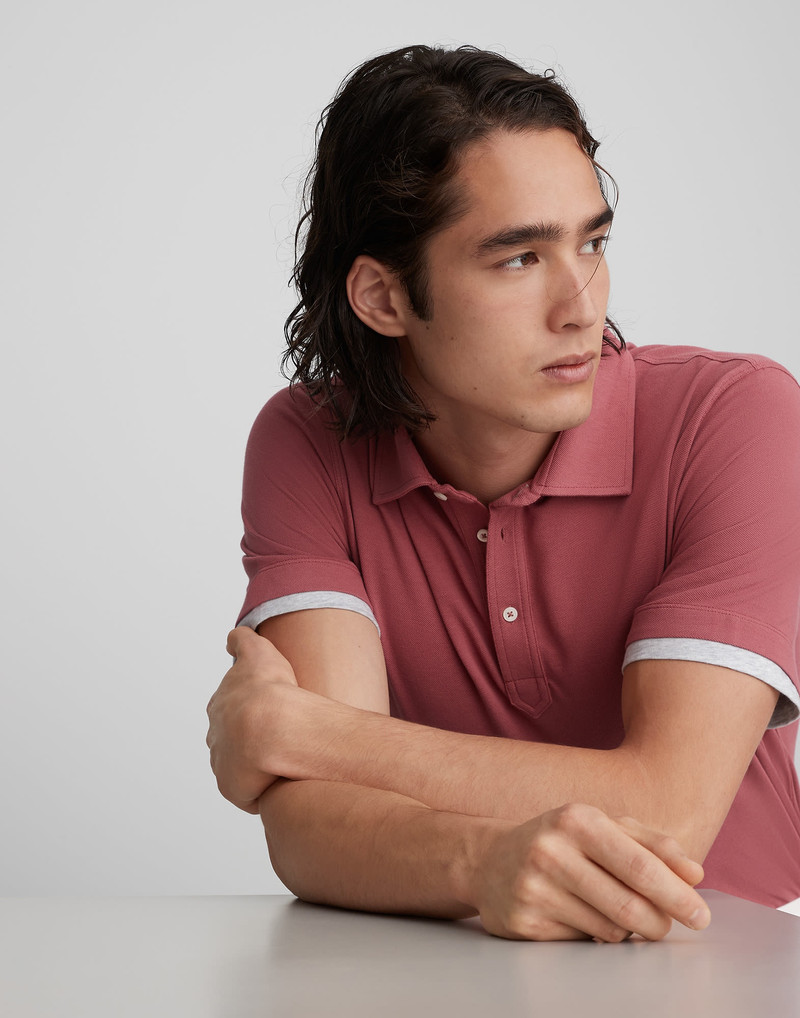 Cotton piqué shirt-style collar polo with faux-layering 3